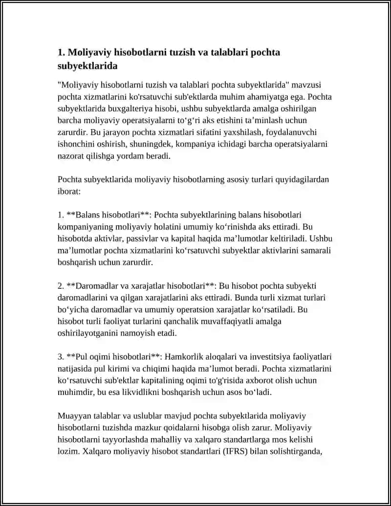 POCHTA XIZMATLARINI KOʻRSATUVCHI SUB'EKTLARDA BUXGALTERIYA HISOBI 3
