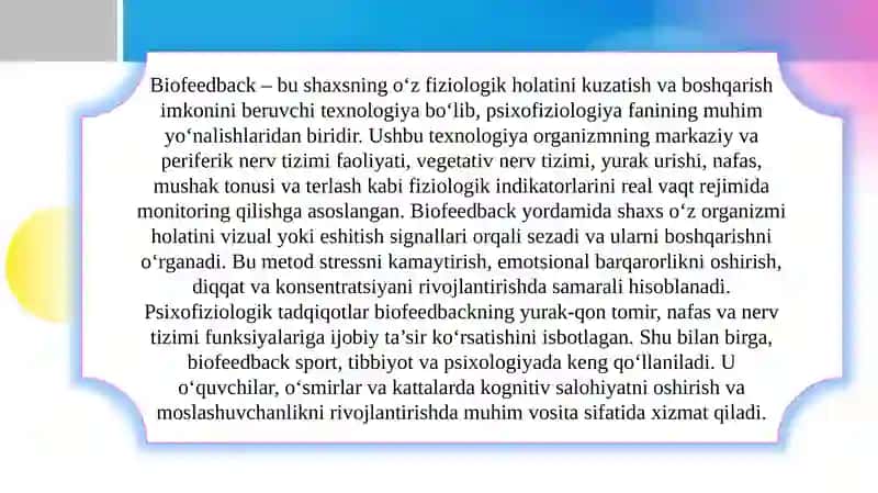 “Biofeedback (Biologik qayta aloqa) texnologiyasining psixofiziologik asoslari” 3