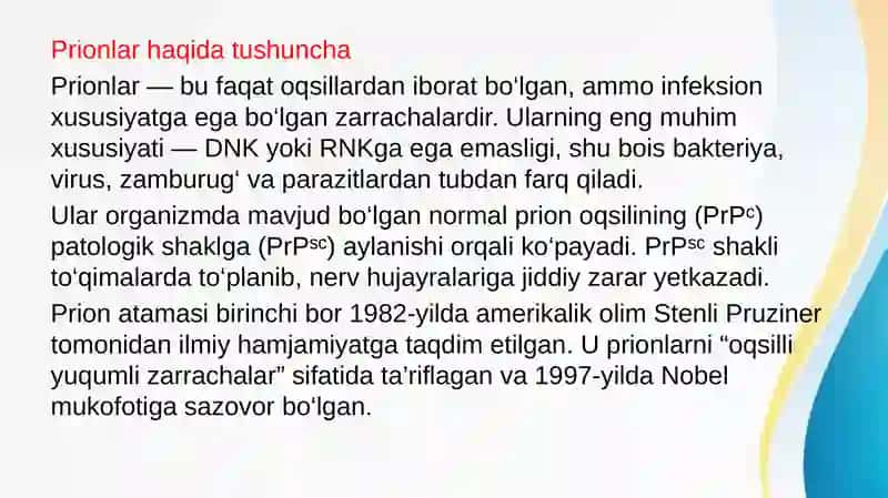 Prionlar haqida tushuncha,kelib chiqishi prion kasalliklari,amaliyotda ahamiyati. Oziq muhitlar ,xromogen oziqli muhitlar, identifikasiyda qo’llanilishi 3