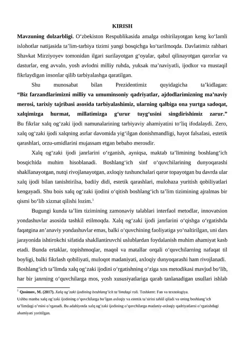 Boshlang’ich sinflarda xalq og’zaki ijodi janrlarini o’qishga o’rgatish uslubiyoti kurs ishi 3