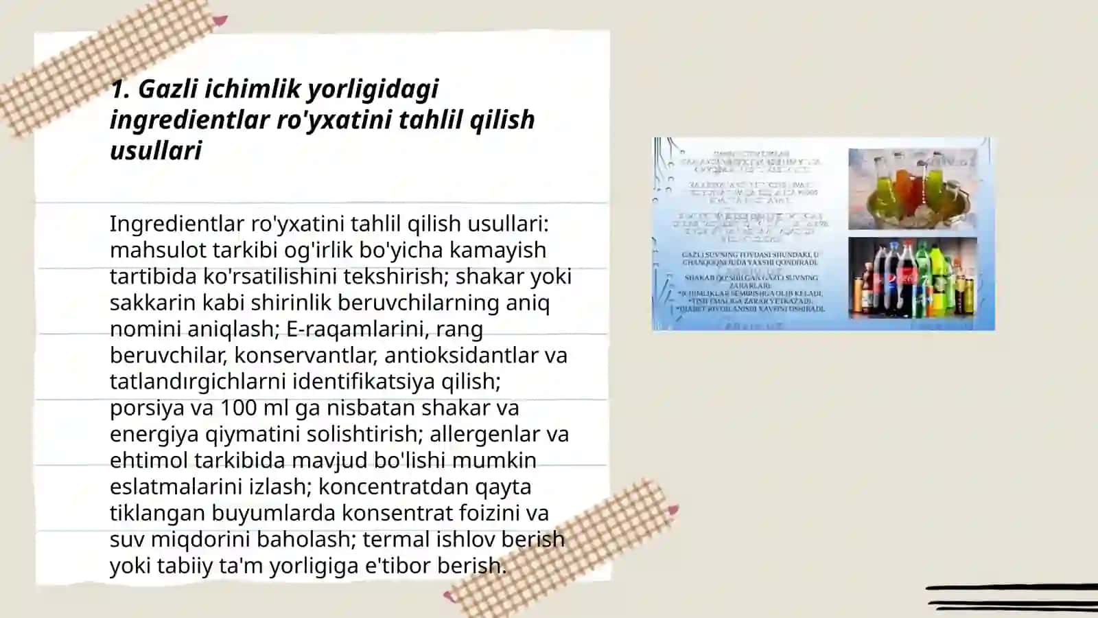 Gazli ichimlik mahsulotlarining tarkibi foydali va zararli hususiyatlarini yorliqlari yordamida aniqlash 3