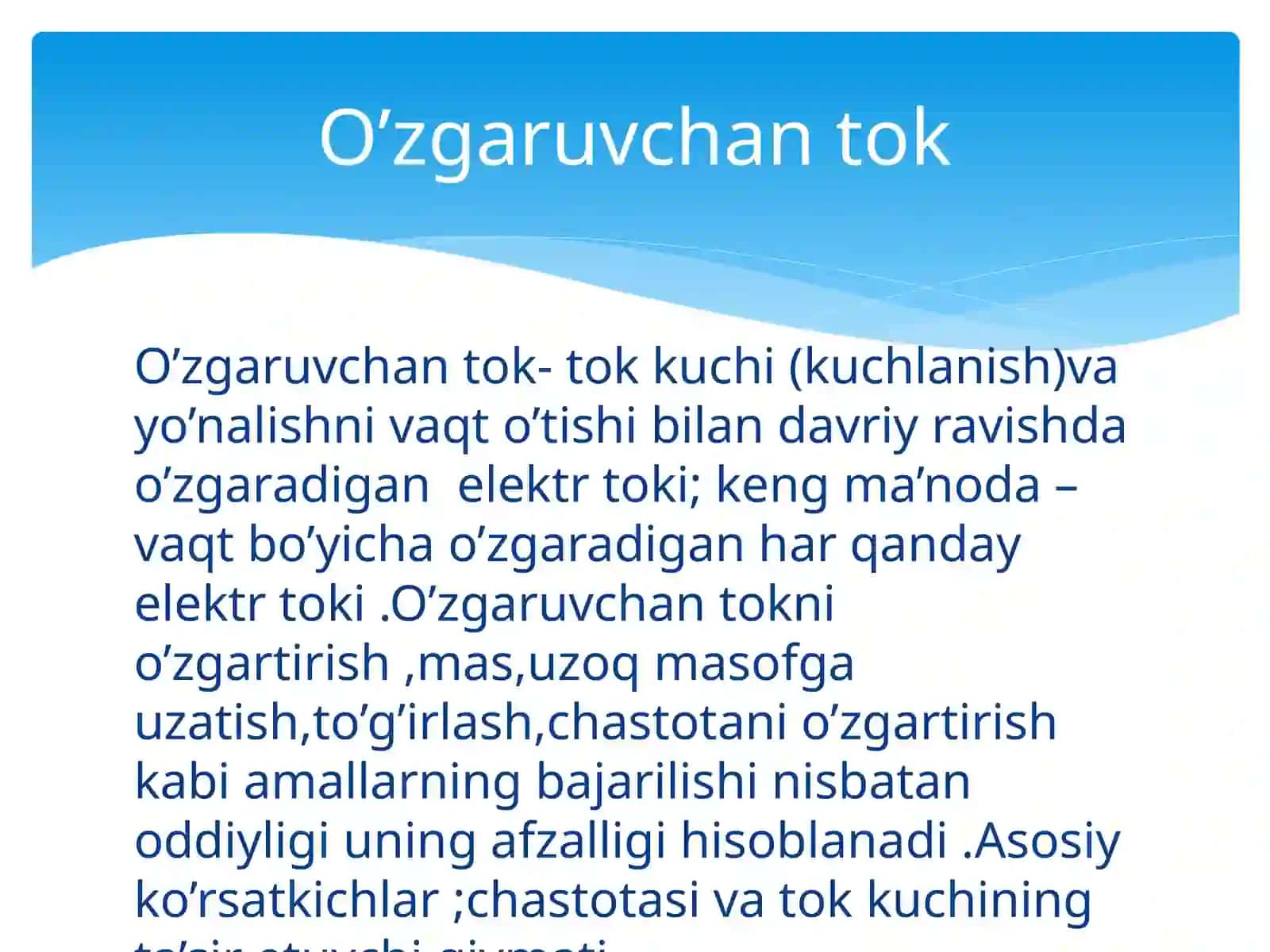 O’zgaruvchan tok zanjirida qarshilik, sig’im va induktivlik.O’zgaruvchan tok quvvati 3
