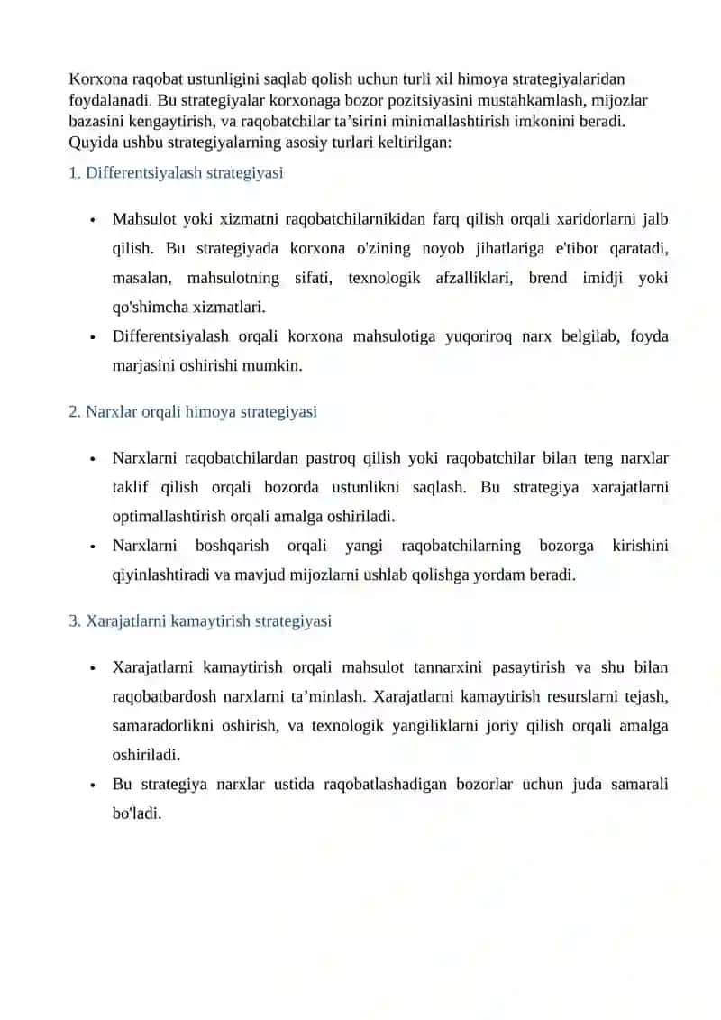 Korxona raqobat ustinligini saqlab qolish uchun ximoya strategiyalaridan foydalash 3