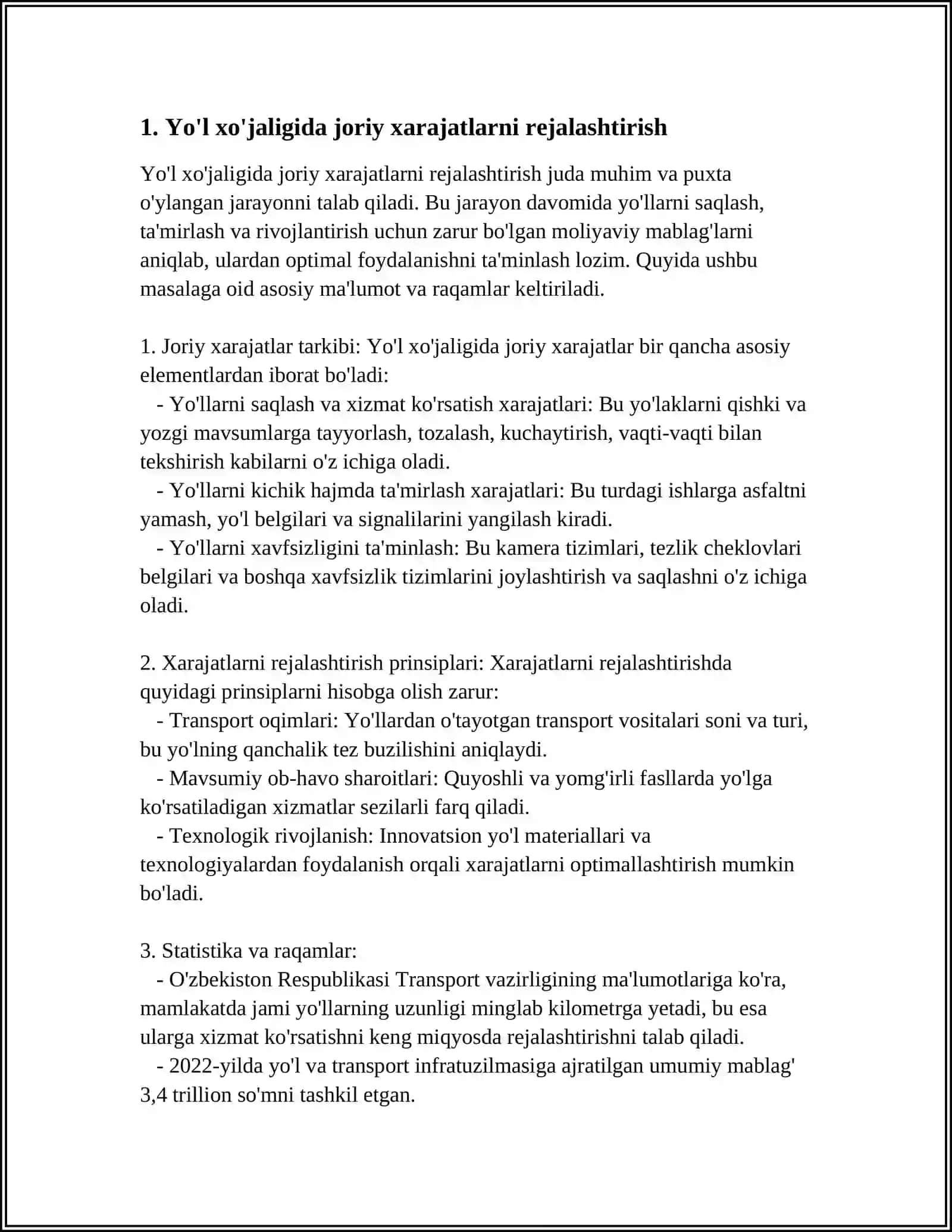 YO'L XO'JALIGIDA JORIY VA KAPITAL XARAJATLARNI MOLIYALASHTIRISH 3