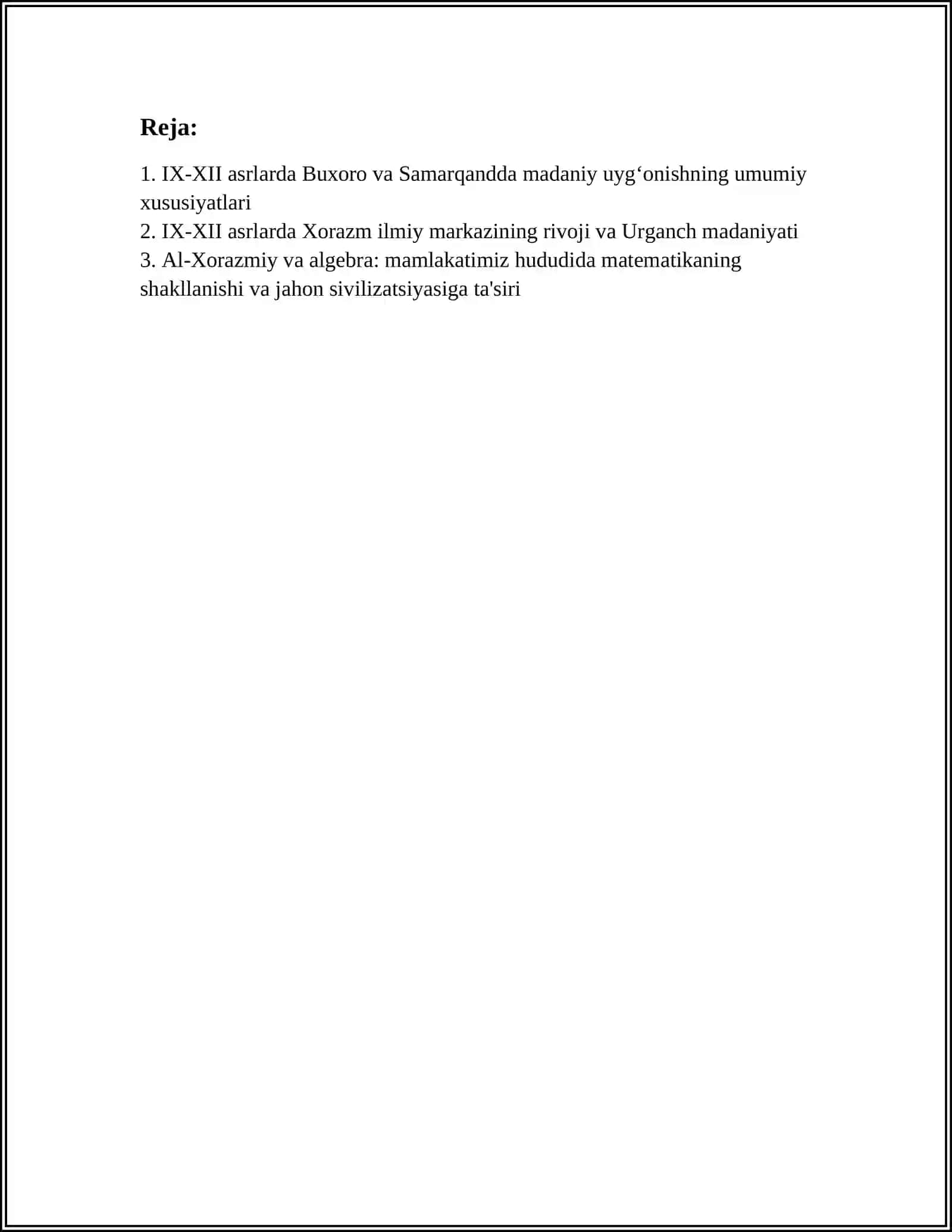 IX-XII ASRLARDA MAMLAKATIMIZ HUDUDIDA RÒY BERGAN MADANIY UYĜONISH. BUYUK ALLOMALARNING JAHON SIVILIZATSIYASIGA QÒSHGAN HISSASI 3