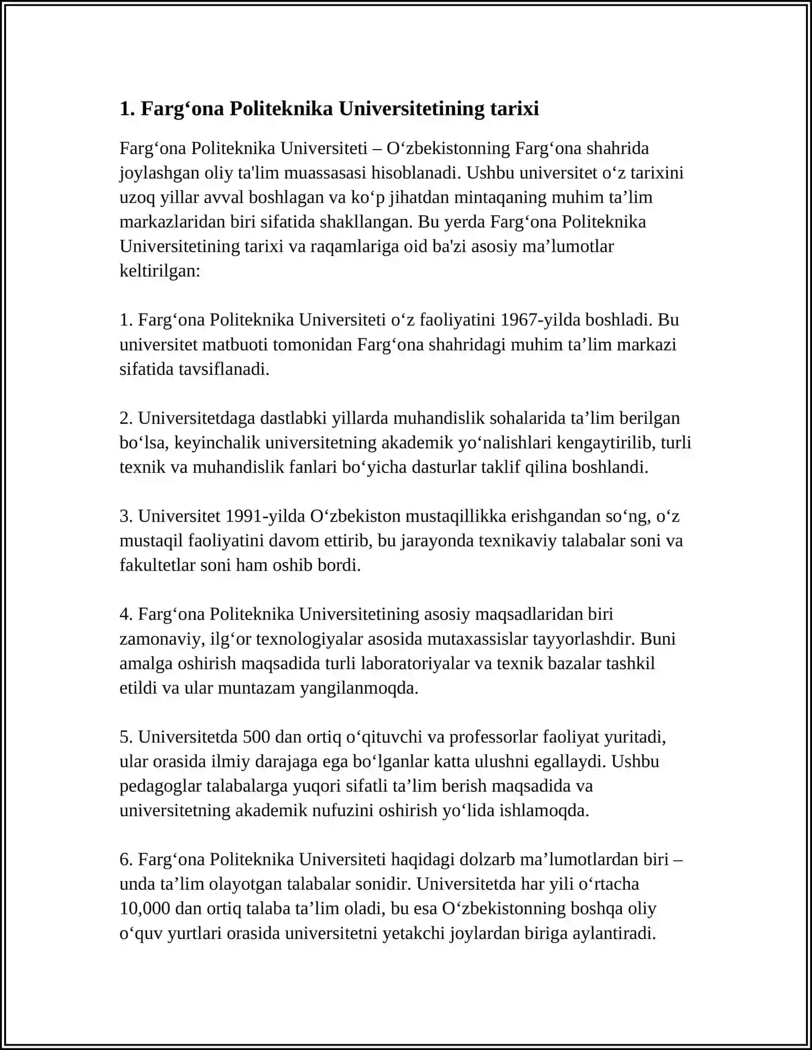 Fargʻona Politeknika Universiteti: Tarixi va Raqamlari 3