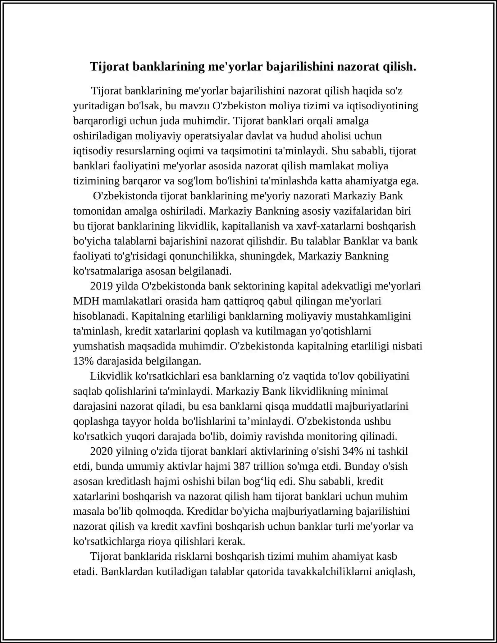 TIJORAT BANKI TOMONIDAN MARKAZIY BANK MEYORLARINING BAJARISH HOLATI 3
