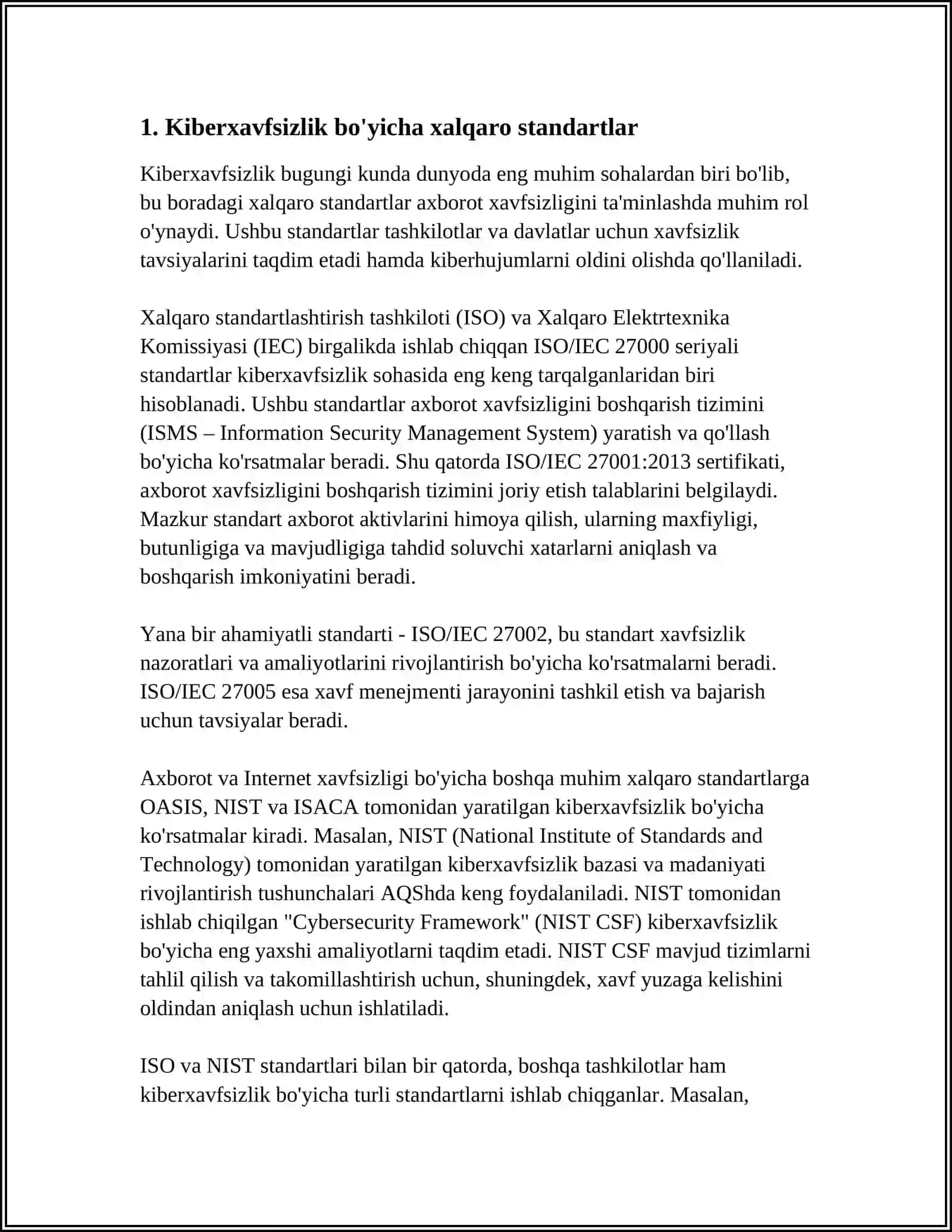 MUSTAQIL ISH Mavzu: KIBERHUQUQ SOHASIGA OID HALQARO STANDARTLAR 3