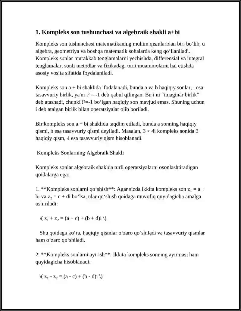 KOMPLEKS SONLARNING ALGEBRAIK,TRIGONOMETRIK VA KO'RSATKICHLI SHAKLLARI.KOMPLEKS SONLARNI QO'SHISH VA AYIRISH,KO'PAYTIRISH VA BO'LISH 3