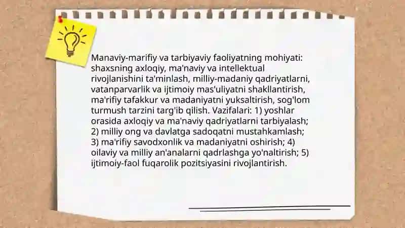 Manaviy-marifiy va tarbiyaviy faoliyatning mohiyati va asosiy yoʻnalishlari 3