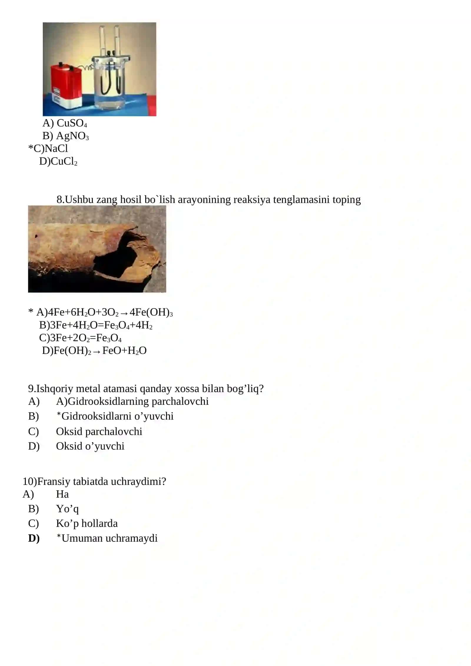 Kimyo test, javoblari bilan 3
