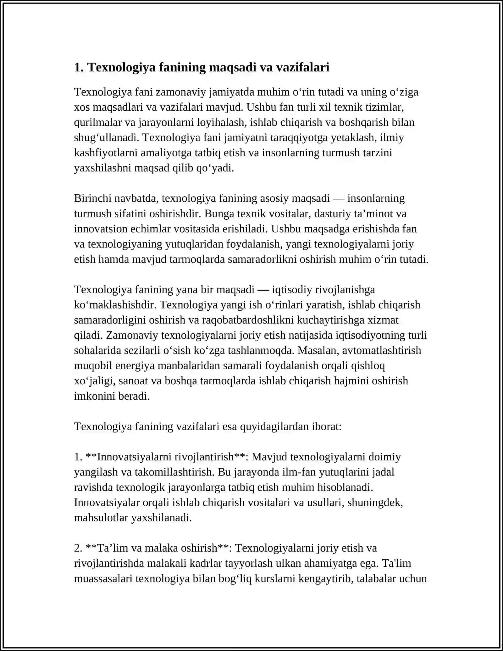 TEXNOLOGIYA FANINING MAKTAB O’QUV REJADAGI O’RNI 3