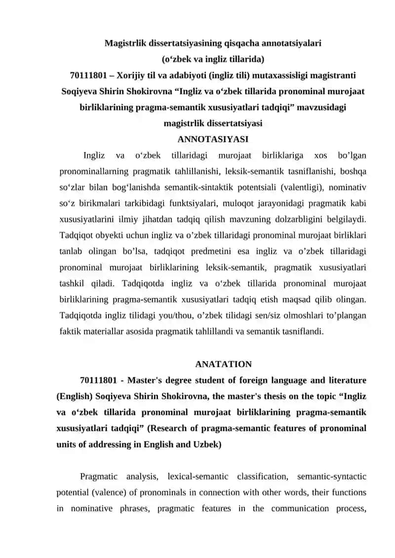 INGLIZ VA O’ZBEK TILLARIDA PRONOMINAL MUROJAAT BIRLIKLARINING PRAGMA-SEMANTIK XUSUSIYATLARI TADQIQI 3