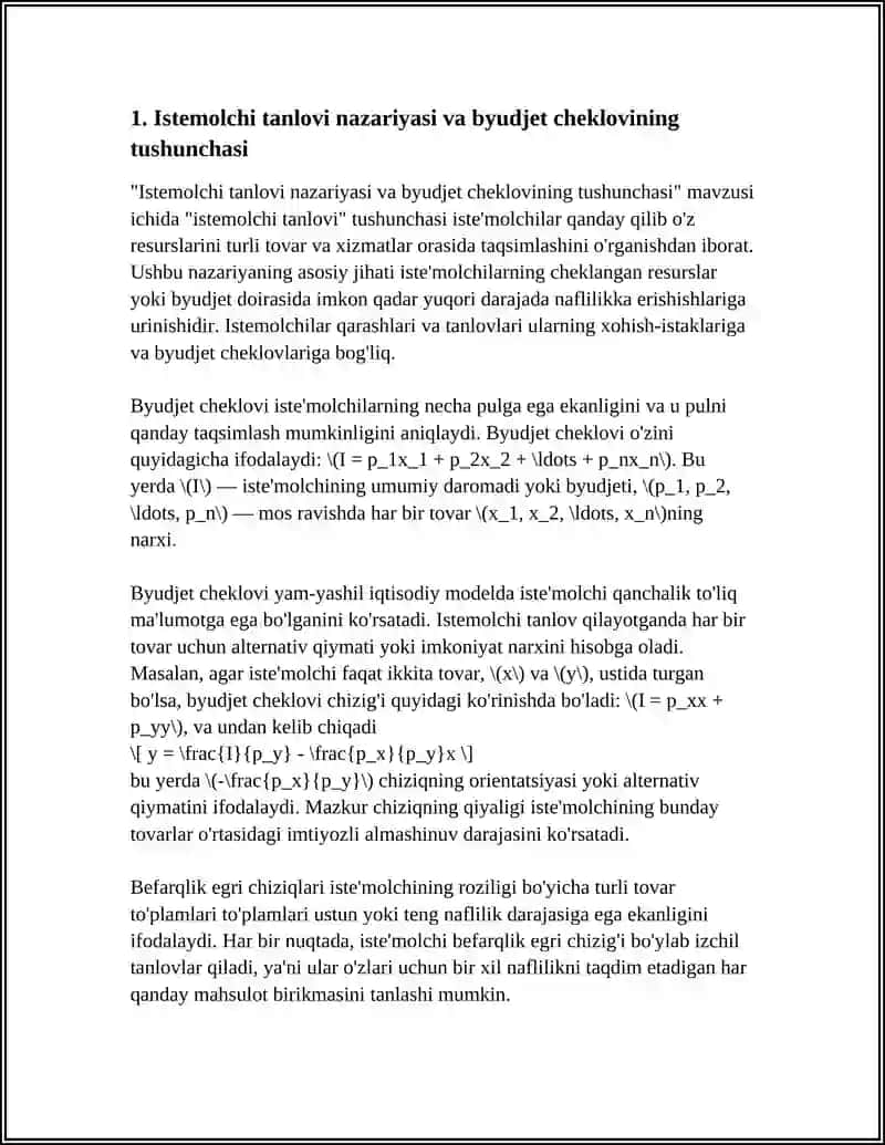 ISTEMOLCHI TANLOVI: BYUDJET CHEKLANGANLIGI, NAFLILIK FUNKSIYASI, BEFARQLIK EGRI CHIZIGLARI 3