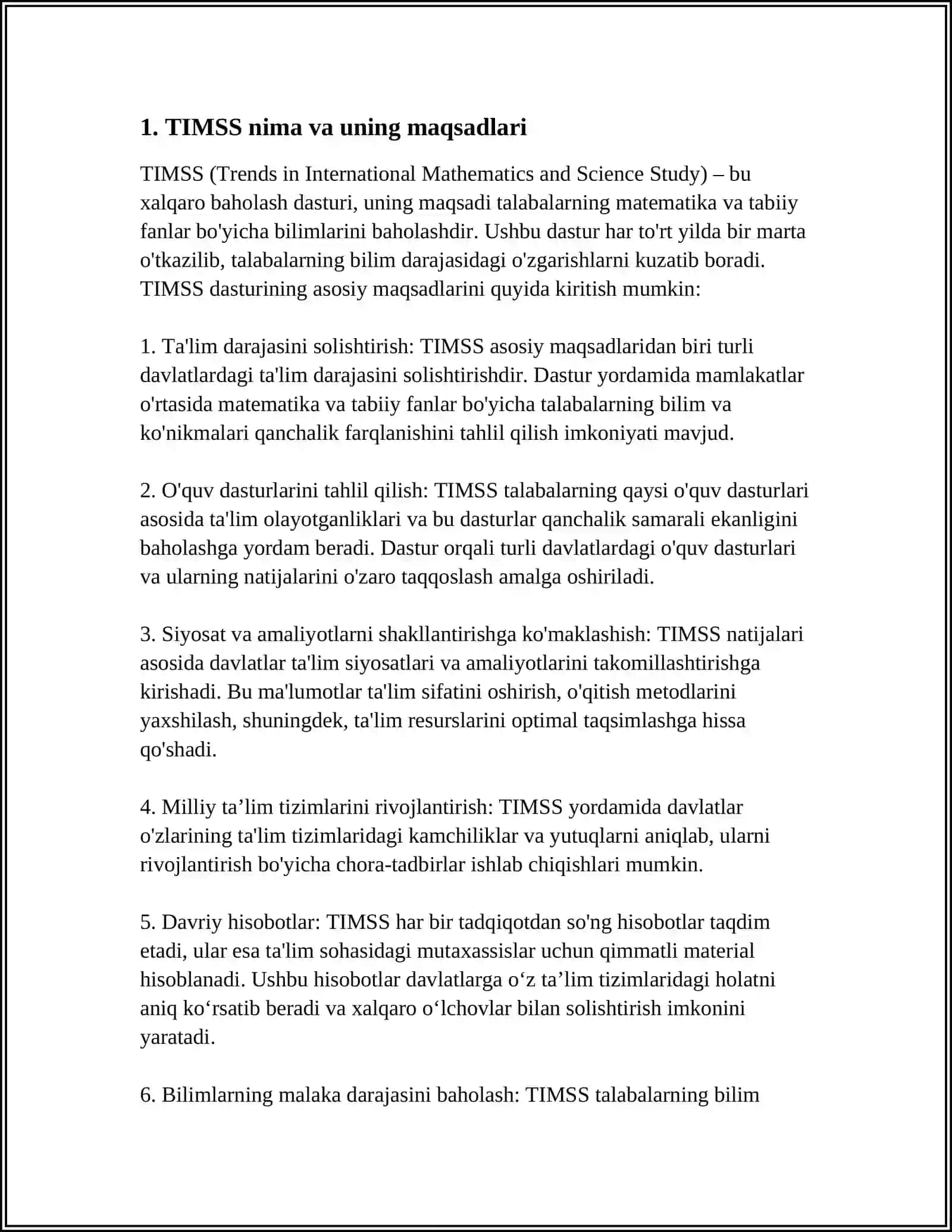 TİMSS XALQARO BAHOLASH DASTURI HAQIDA KENG QAMROVLI MAʼLUMOT 3