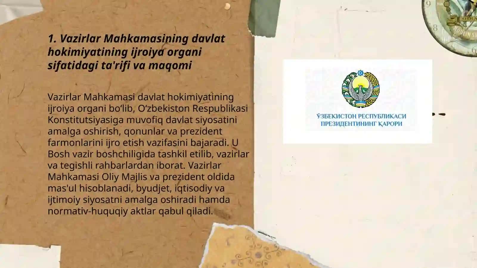 Vazirlar Mahkamasining davlat hokimiyatining ijroiya organi sifatidagi ta'rifi va maqomi 3