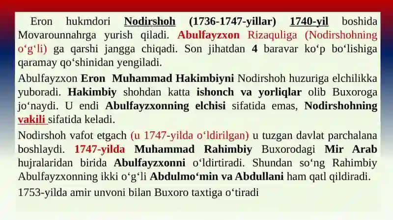 Buxoro amirligining tashkil topishi va siyosiy tarixi (XVIII asr ikkinchi yarmi –XIX asrning birinchi yarmi). 3