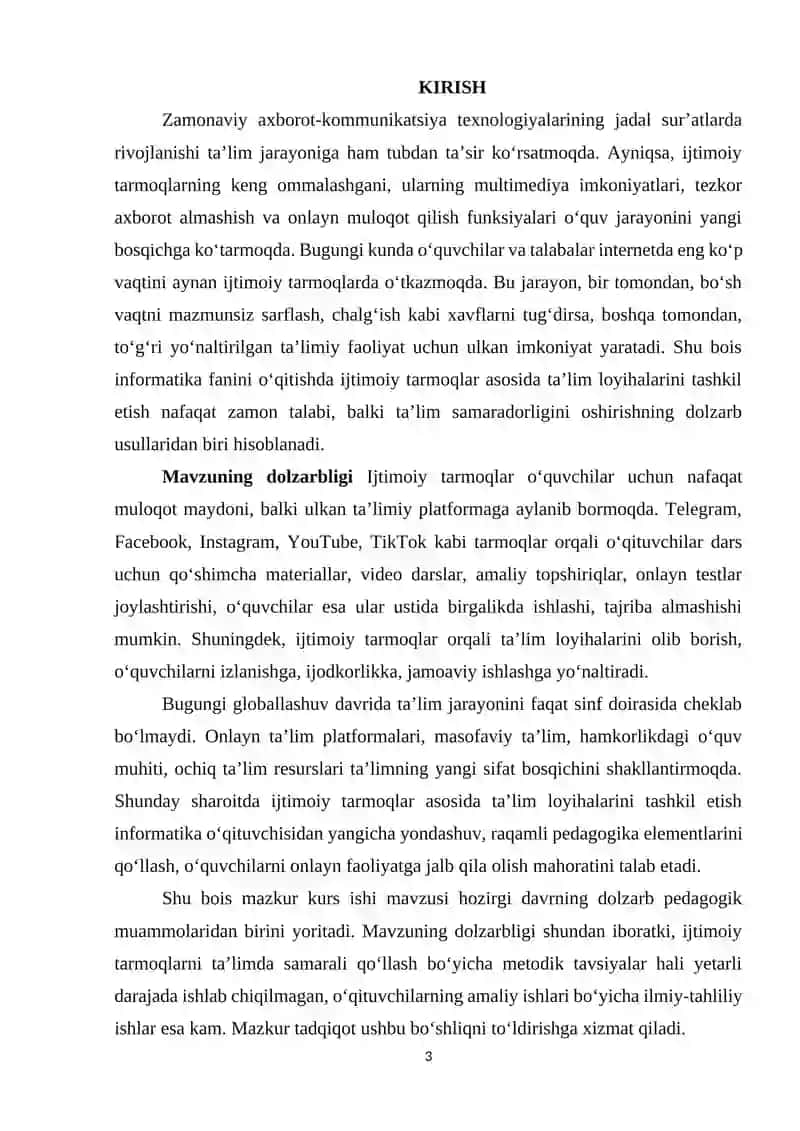 Informatika oʻqitish metodikasi fanidan Ijtimoiy tarmoqlar asosida taʼlim loyihalarini tashkil etish 3