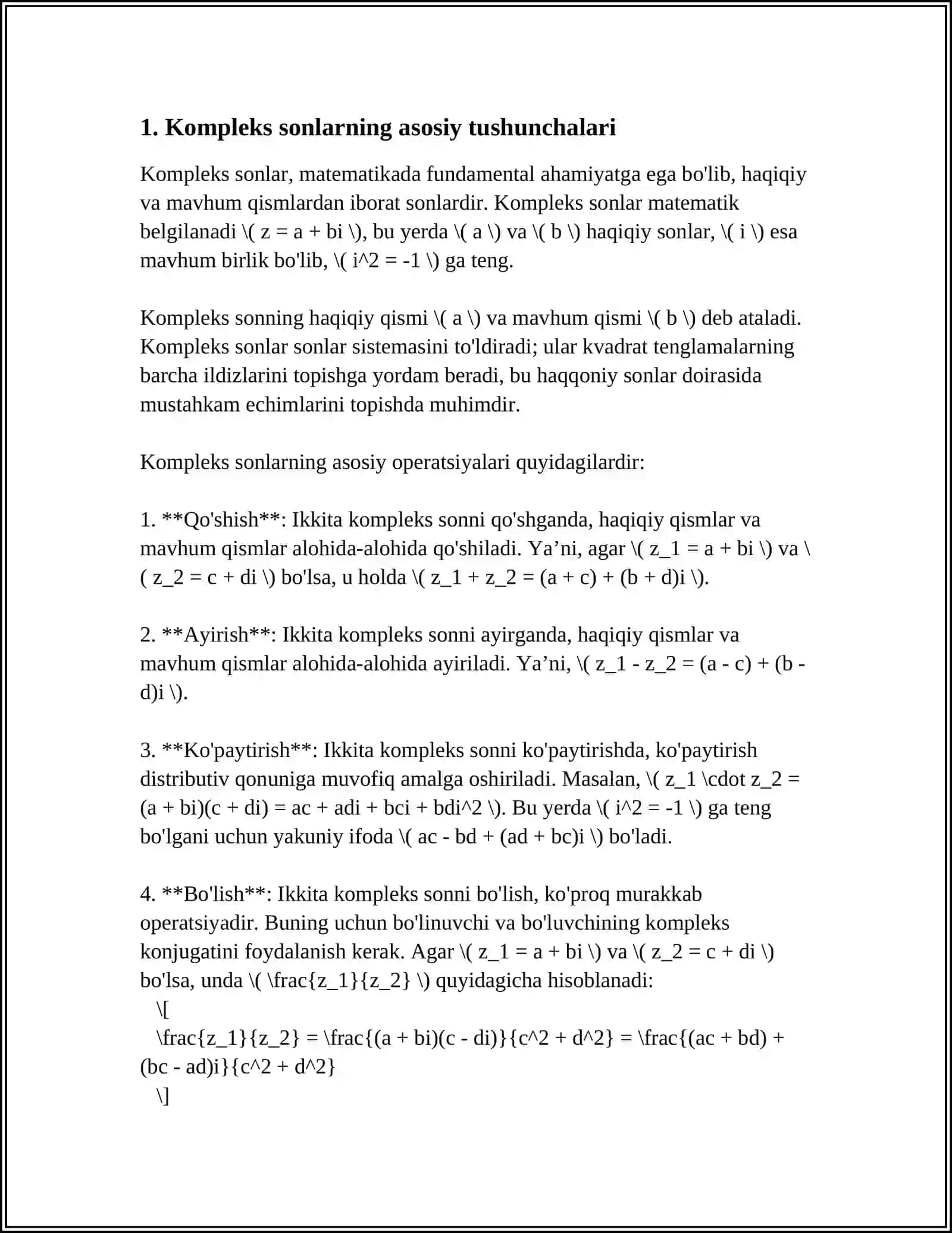 KOMPLEKS SONLAR VA ULAR USTIDA AMALLAR. MUAVR FORMULASI 3