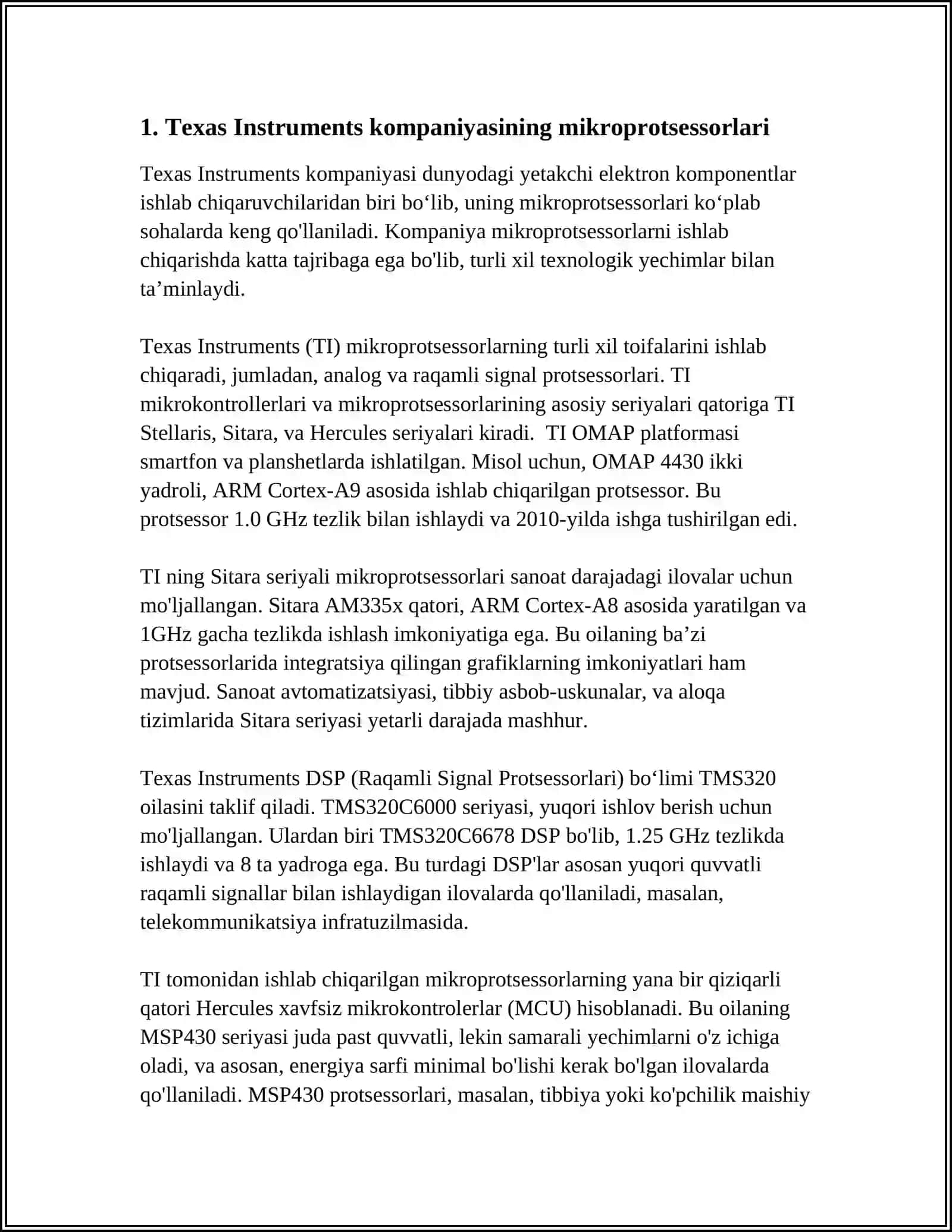YIRIK ISHLAB CHIQARUVCHI KOMPANIYALARNING MIKROPROTSESSORLARI (TEXAS INSTRUMENTS, MOTOROLA, ANALOG DEVICES) 3