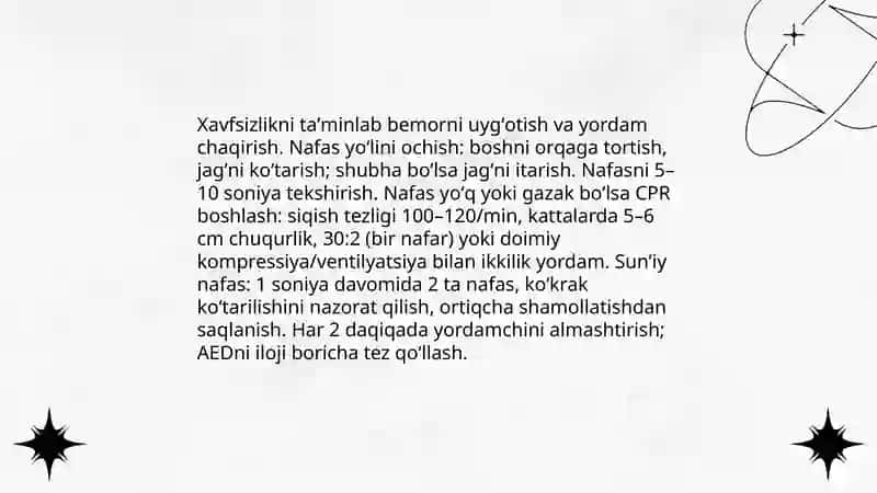 Yurak faoliyatini tiklash, sun'iy nafas berish uslubi 3