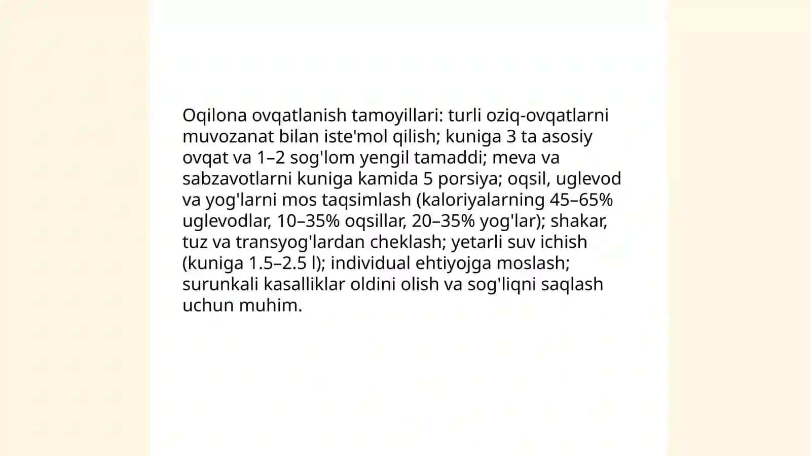 Oqilona ovqatlanish va uning tartibi haqida ularni tekshirish va baholash 3