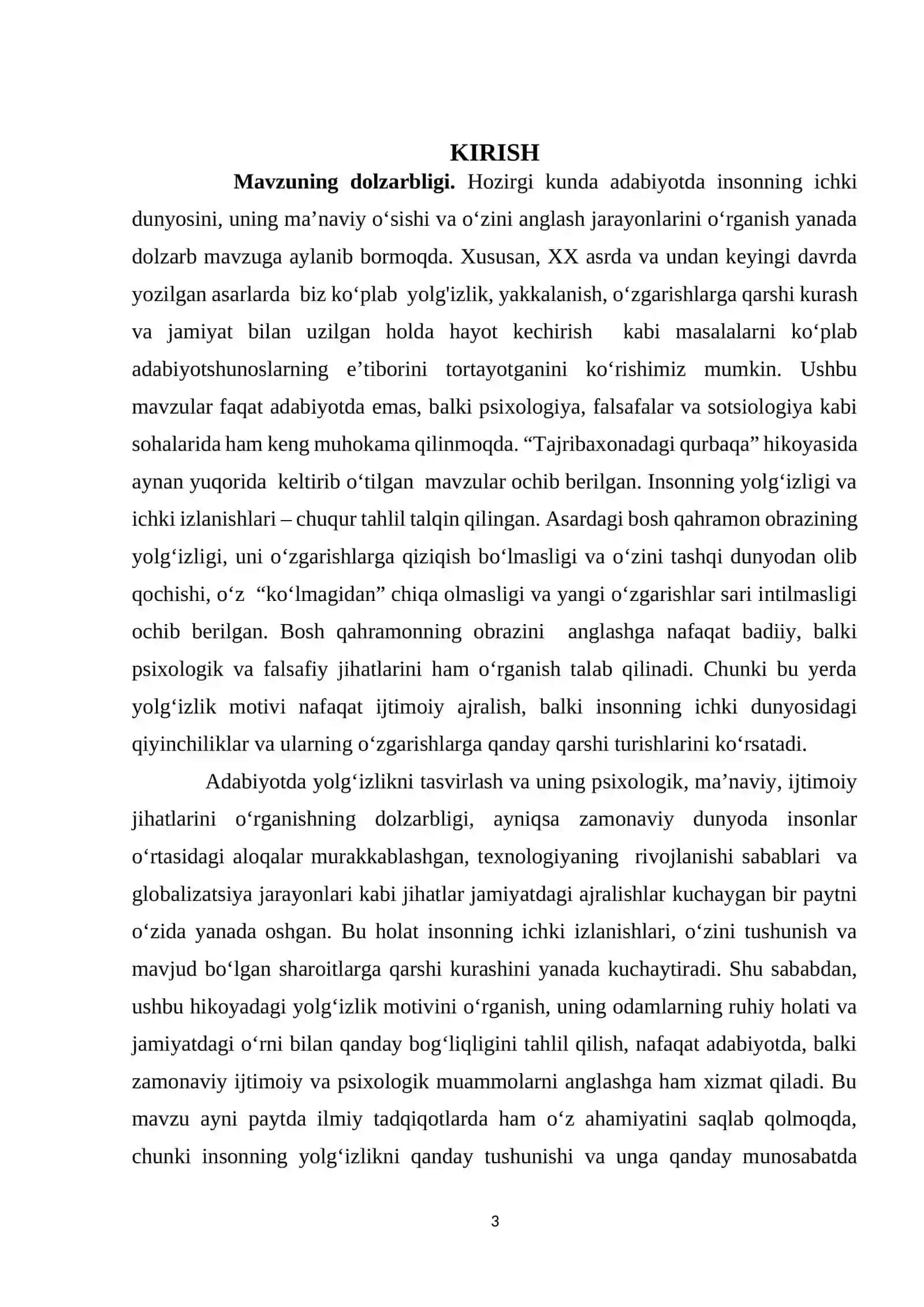 YOM SAN SOPNING “TAJRIBAXONADAGI QURBAQA” HIKOYASIDAGI YOLG‘IZLIK MOTIVI 3