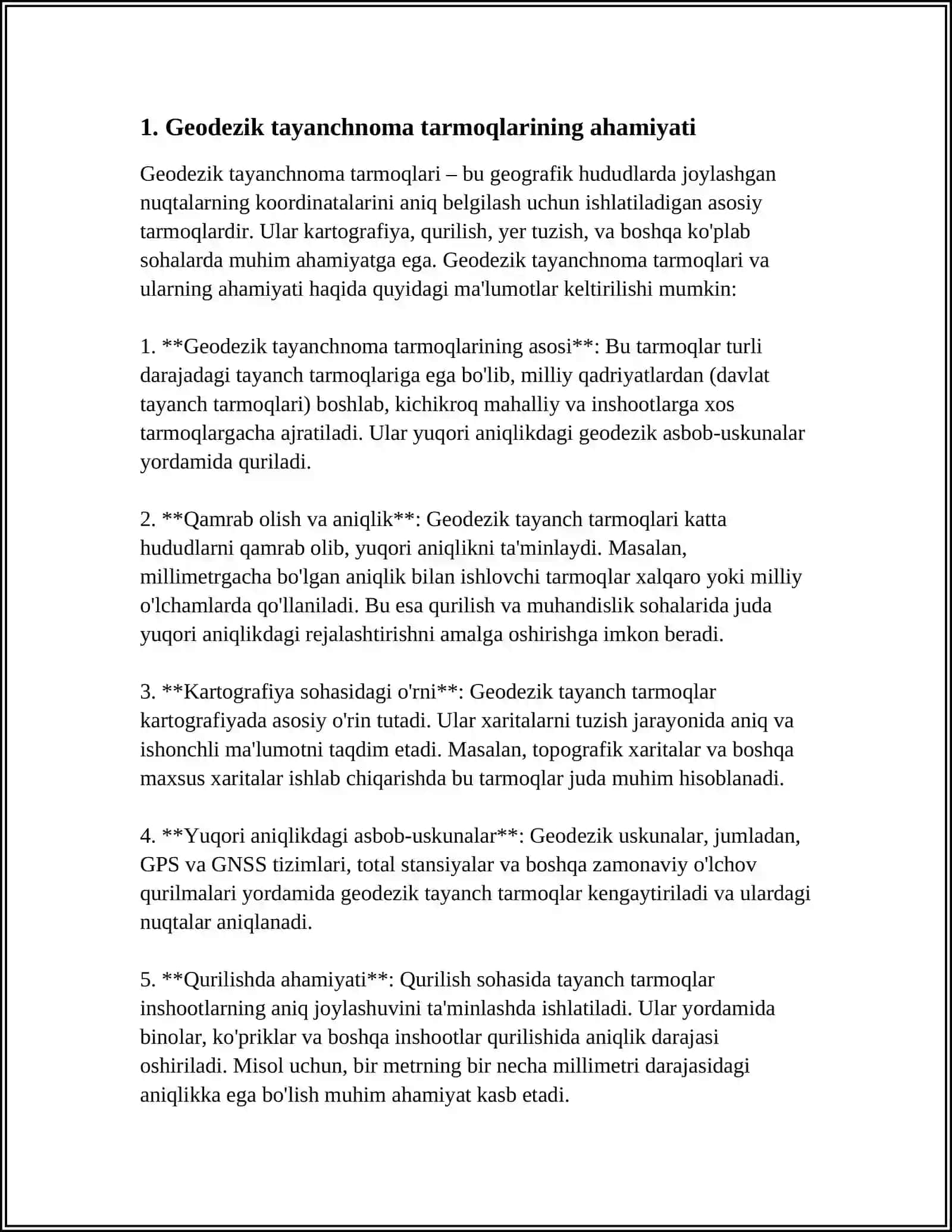 MUSTAQIL ISH Mavzu: GEODEZIK TAYANCH TARMOQLARINI BARPO ETISH TURLARI 3