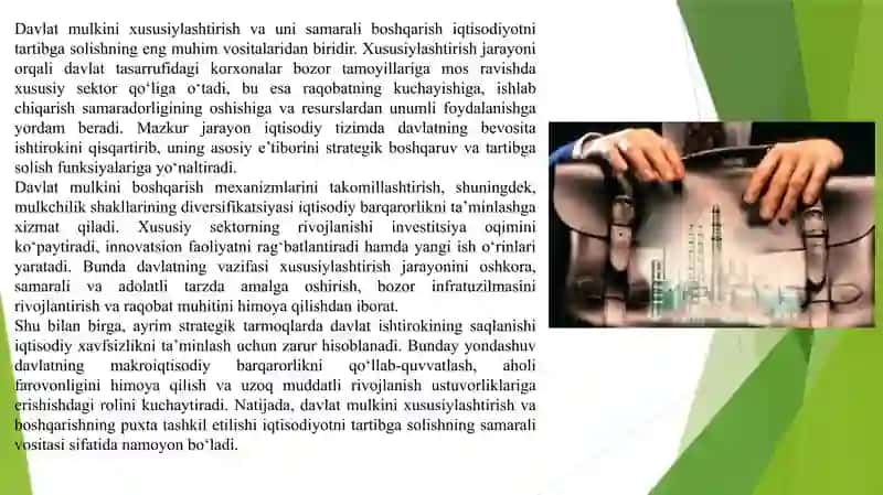 Davlat mulkini xususiylashtirish va boshqarish-iqtisodiyotni tartibga solish vositasi 3