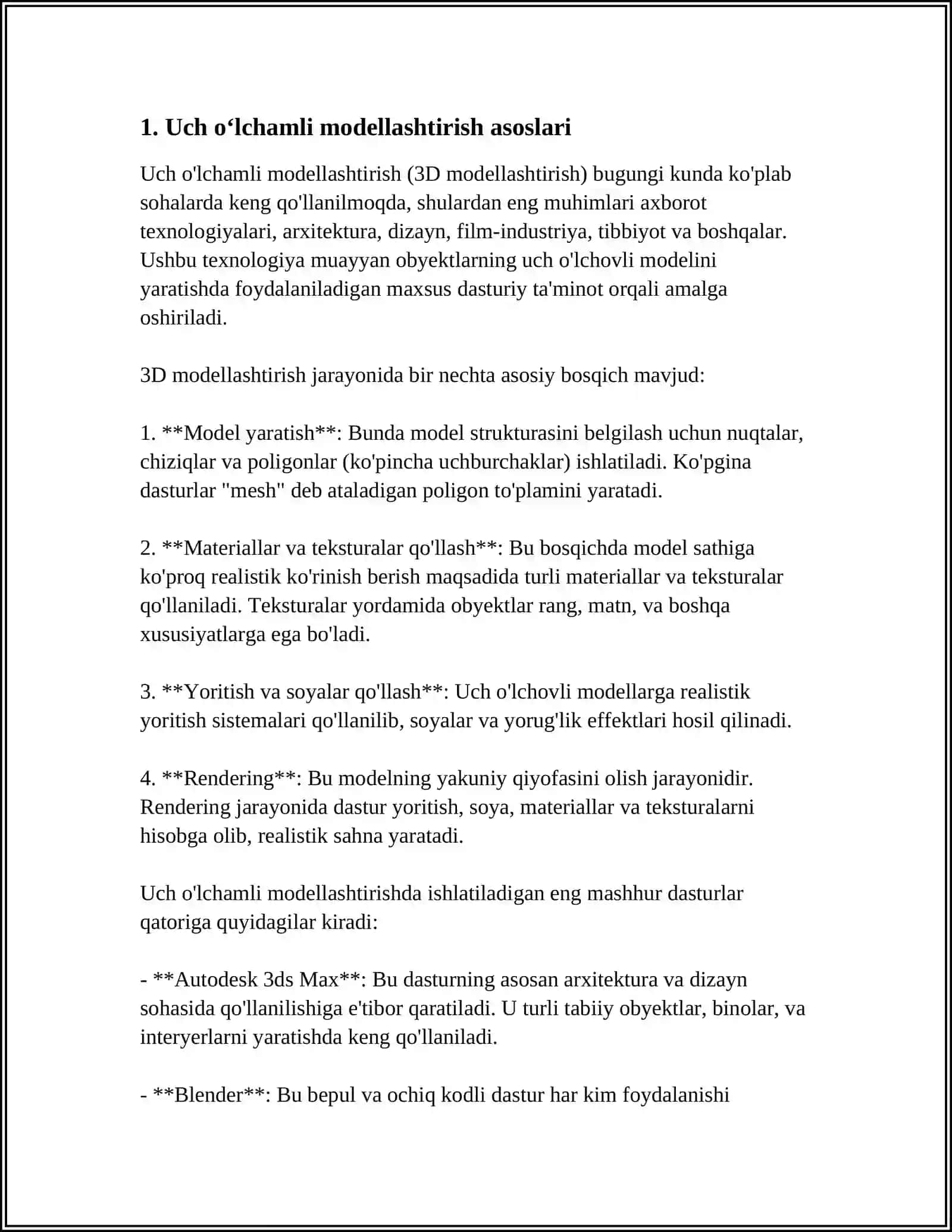 UCH OʻLCHOVLI GRAFIKA IMKONIYATLARINI LOYIHALASHDA QOʻLLASH 3