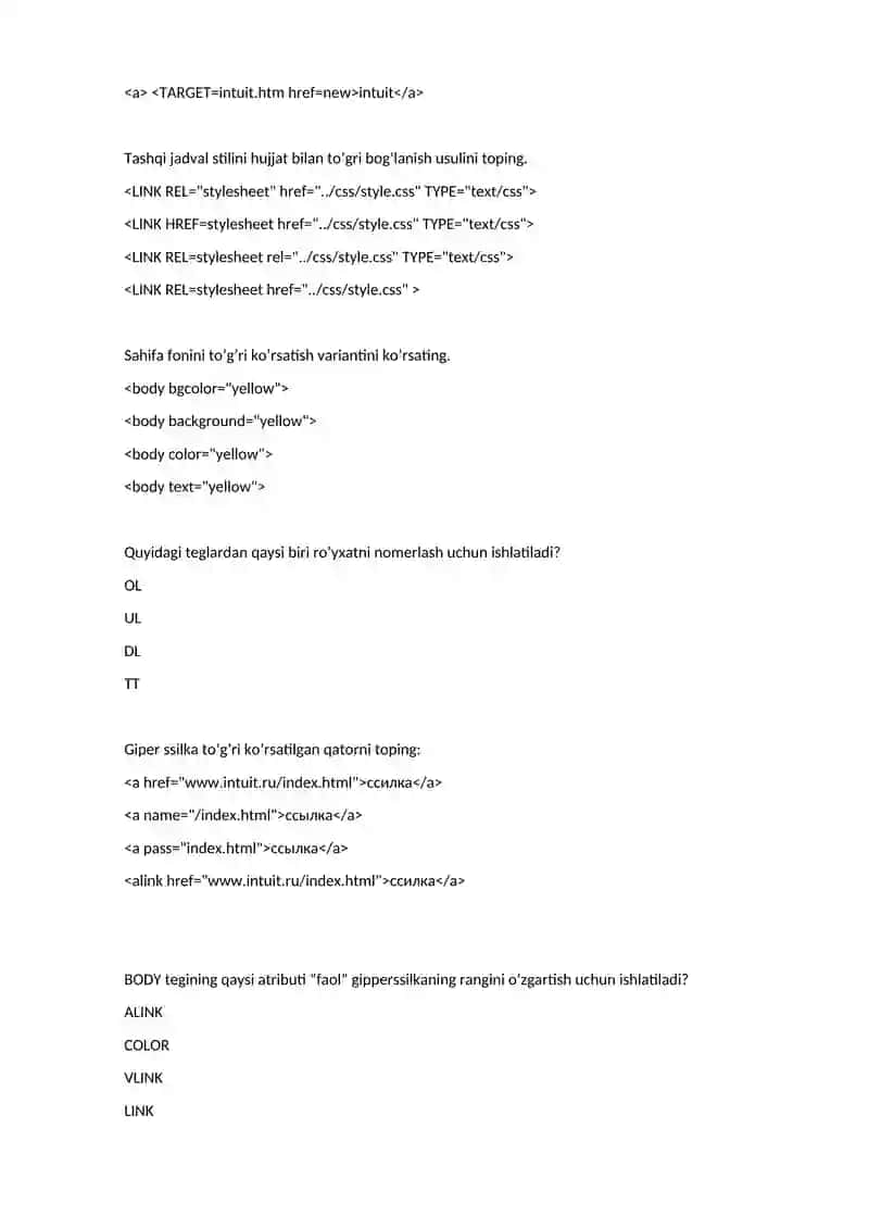 HTML bo'yicha test savollari 3