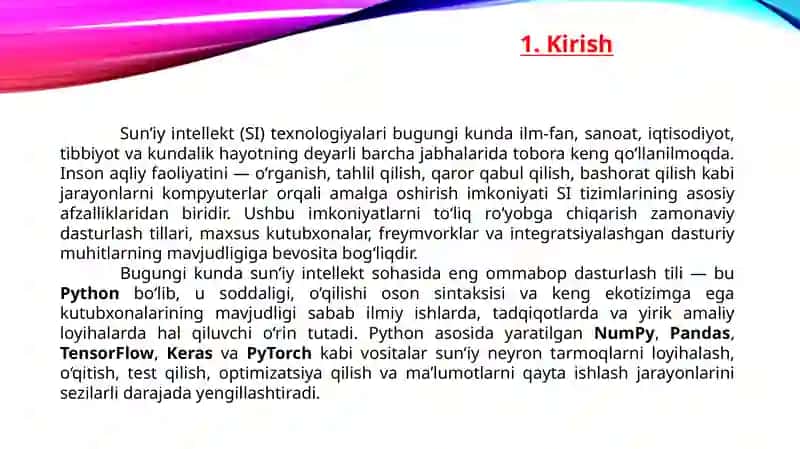 Sunʼiy intellekt uchun zaruriy dasturiy vositalar 3