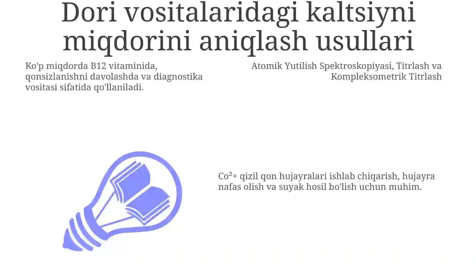 Co²+ kationiniorganizmdagiahamiyati,tibbiyotdaqoʻllanilishivadorivositalaritarkibidasifathamdamiqdorinianiqlash 3