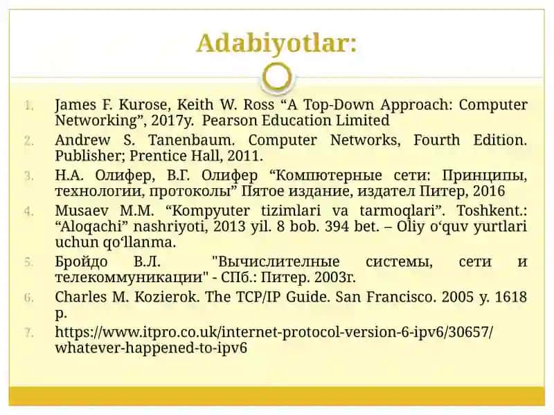 ITarmoq pog‘onasi ta’rifi. Tarmoqlararo bog‘lanish.  IP protokoli ta’rifi Pv4 va IPv6 Protokollari 3
