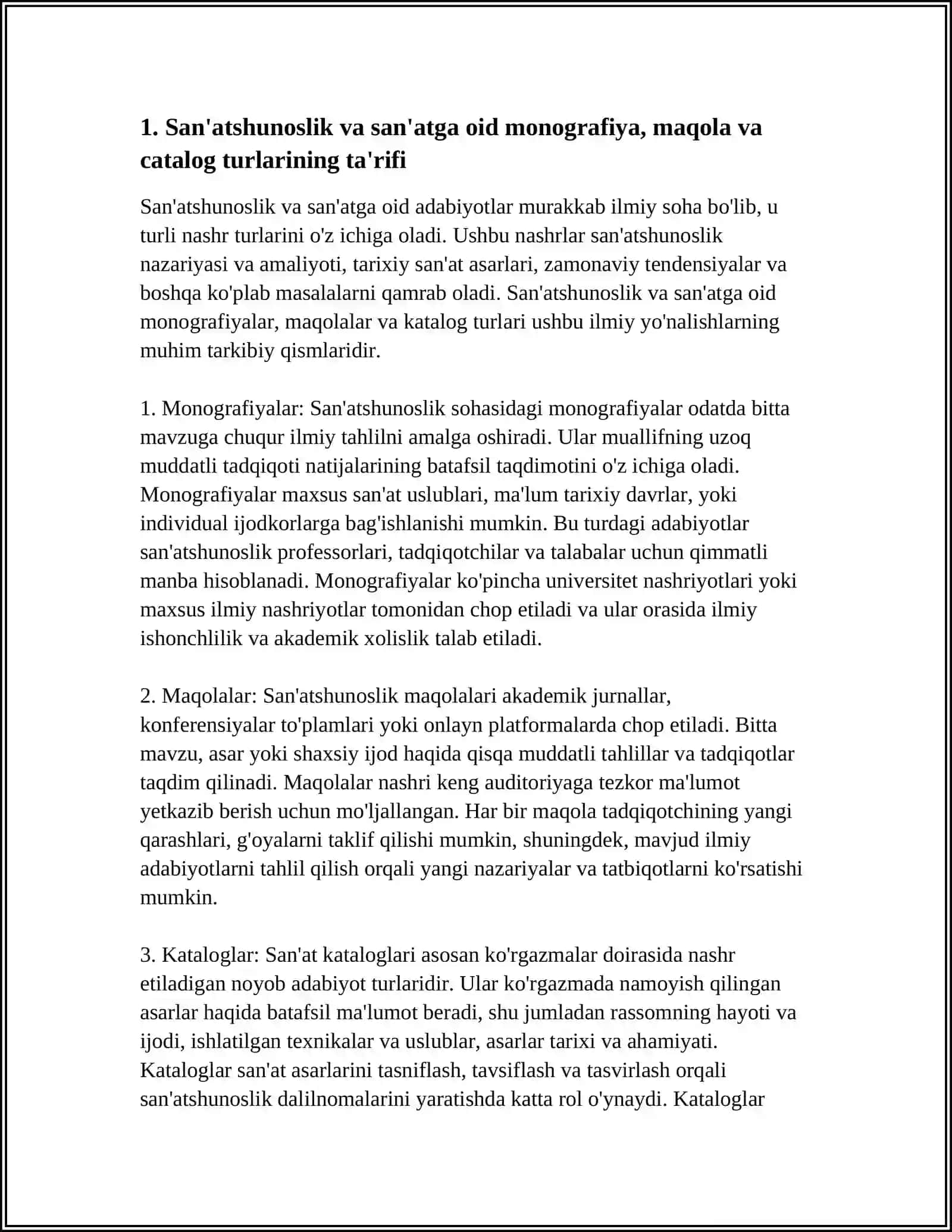 SA'NATSHUNOSLIK VA SAN'ATGA OID ADABIYOTLARNING NASHR ETILISHI ULARNING TURLARI VA XILLARI ULARNI BIBLOGRAFIYALASH 3