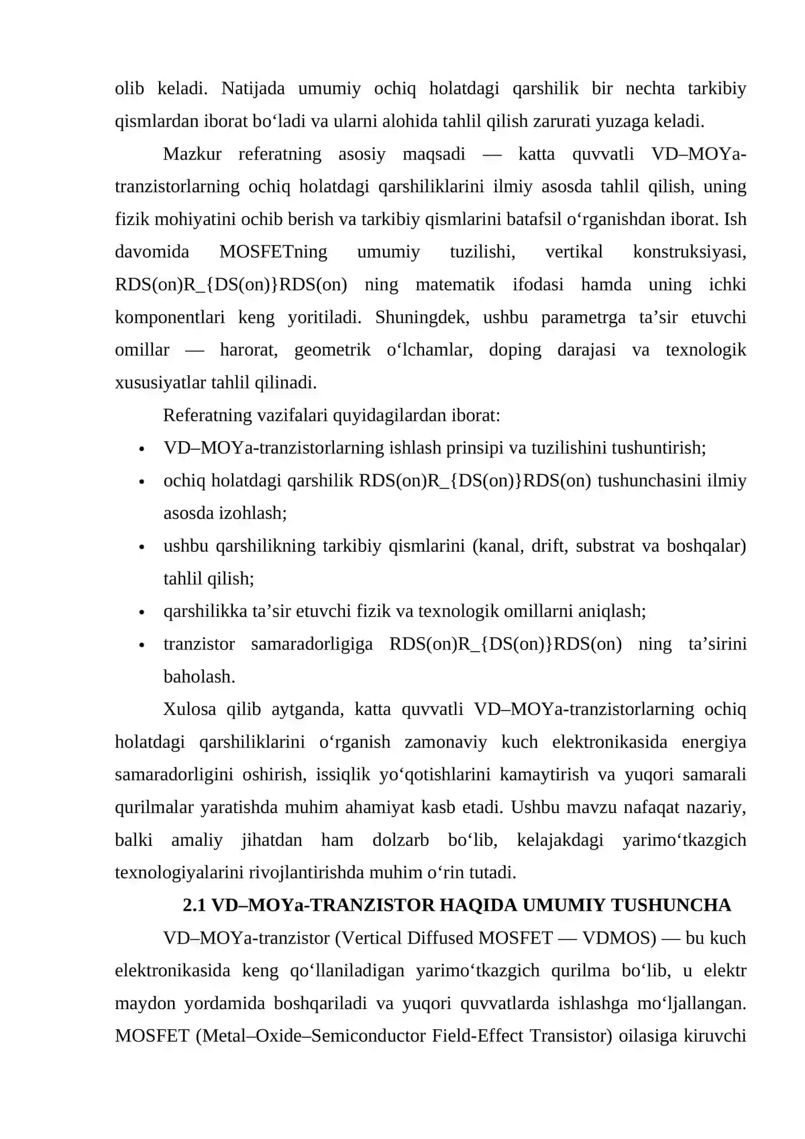 KATTA QUVVATLI VD-MOYA-TRANZISTORINING OCHIQ HOLATIDAGI QARSHILIKLARI 3