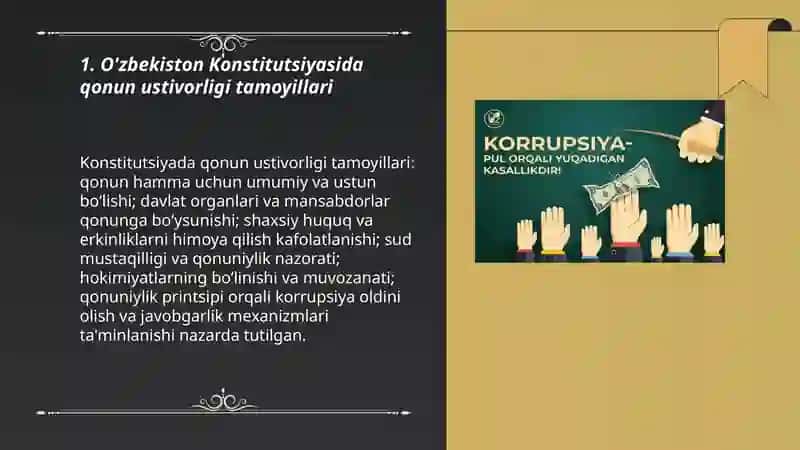O'zbekistonda qonun ustivorligini ta'minlashning demokratik asoslari. Korrupsiya va unga qarshi kurashishning mazmun mohiyati Nabiyev Shavkat 3
