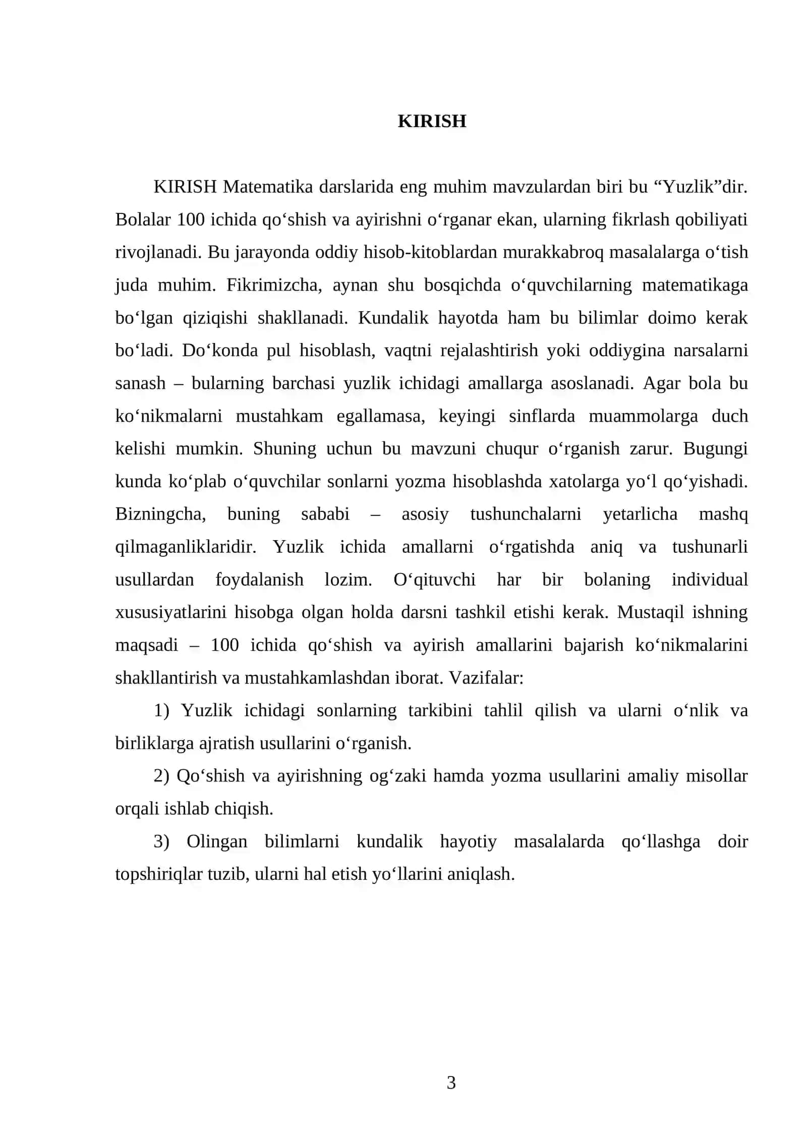 “Yuzlik” mavzusida arifmetik amallarni o‘rganish. 100 ichida qo‘shish va ayirish 3