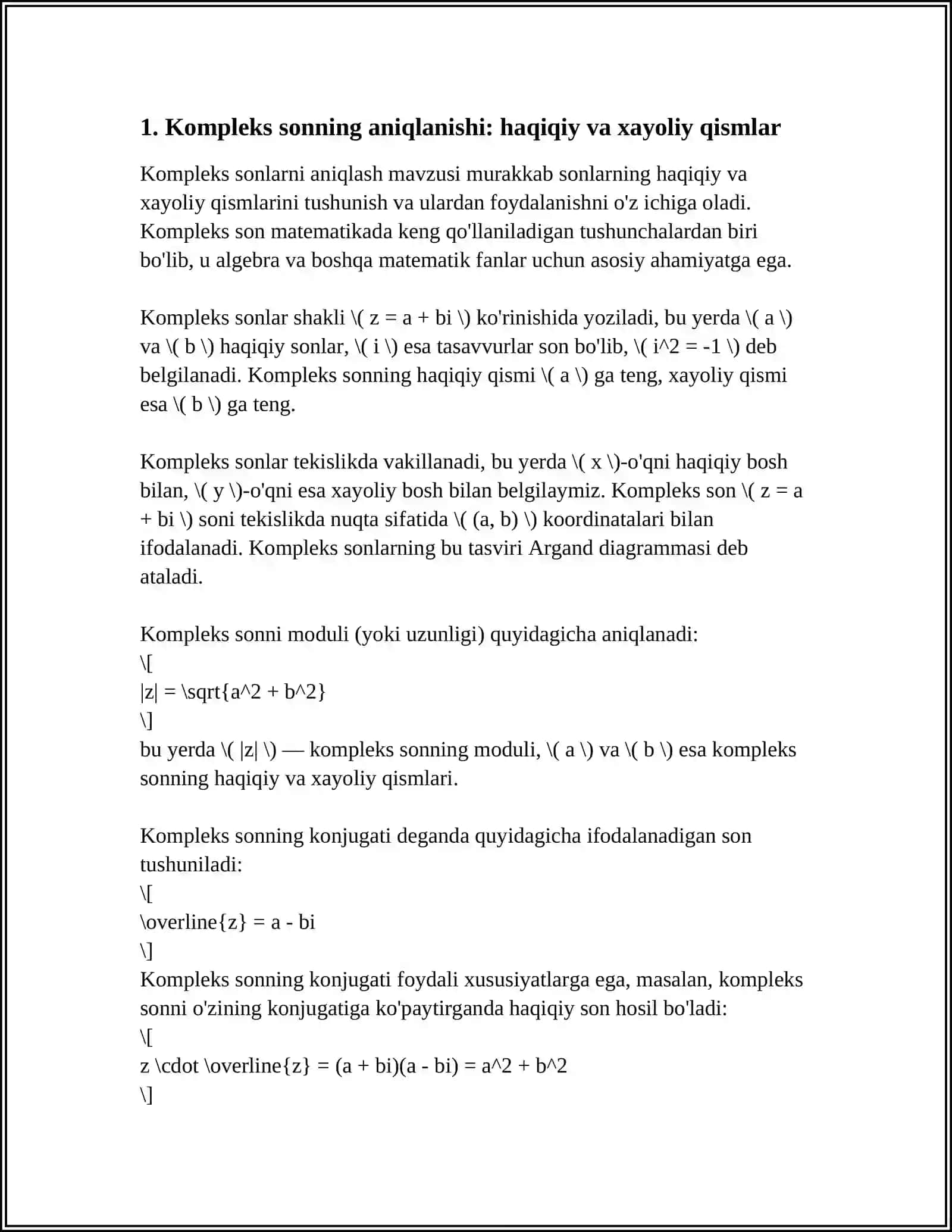 KOMPLEKS SONLARNING ALGEBRAIK,TRIGONOMETRIK VA KO'RSATKICHLI SHAKLLARI 3
