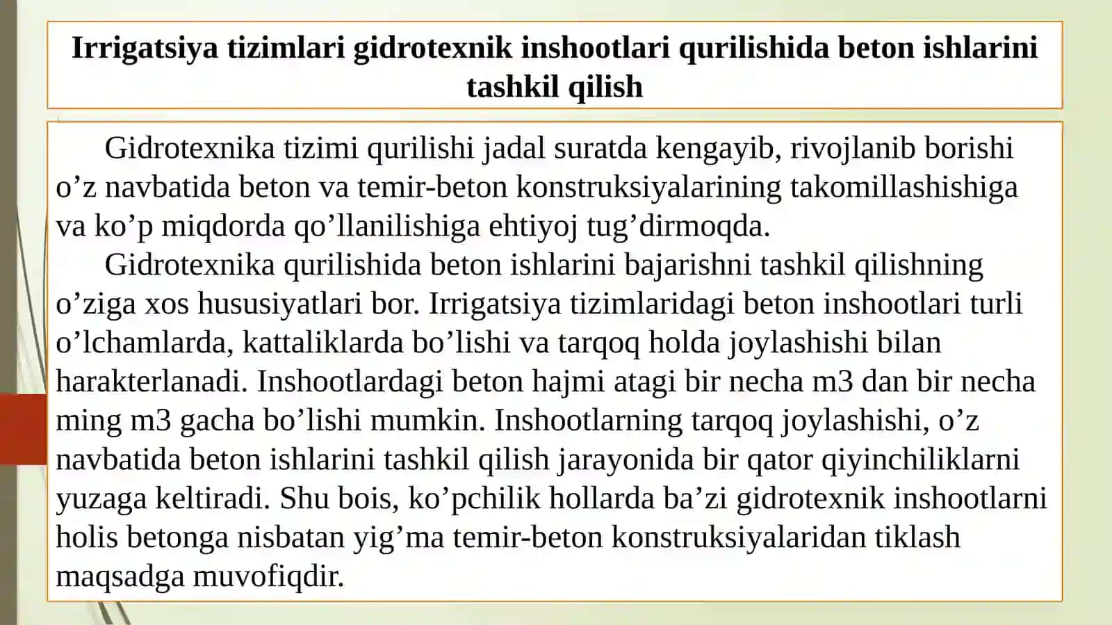 Irrigatsiya tizimlari gidrotexnik inshootlari qurilishida beton ishlarini tashkilqilish 3