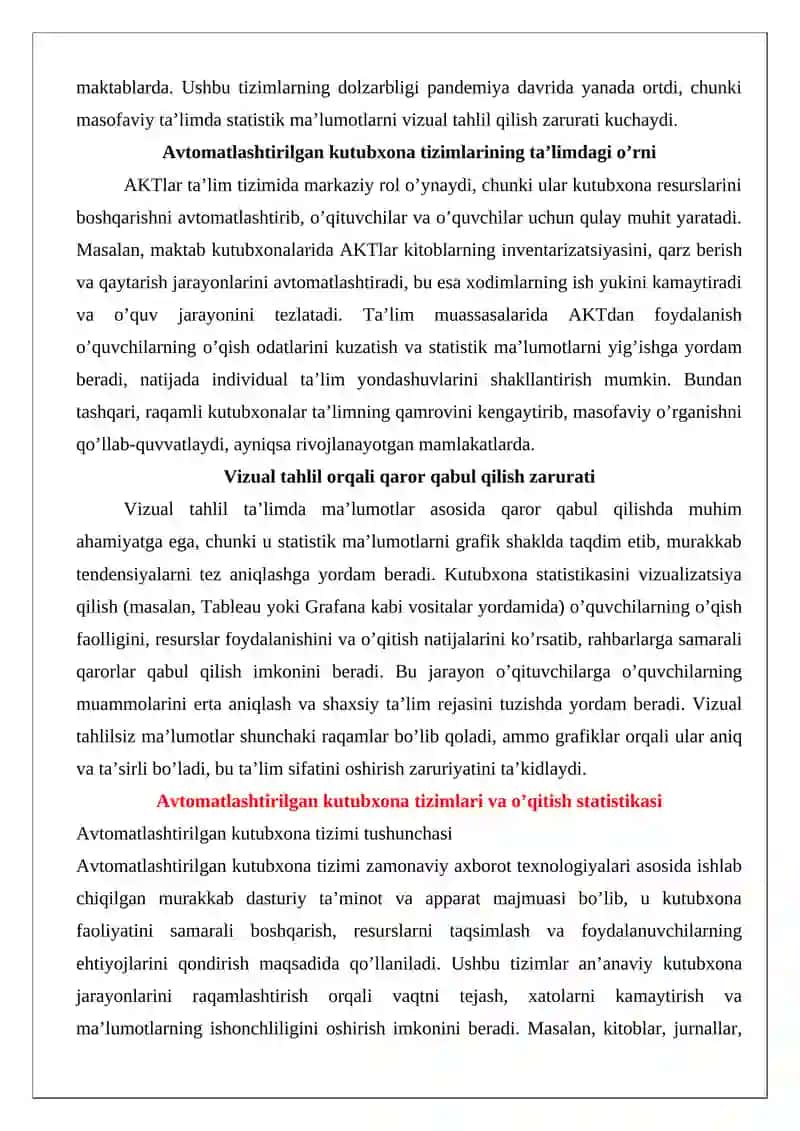 Avtomatlashtirilgan kutubxona tizimlarida o’qitish statistikasini vizual tahlil qilish imkoniyatlari 3