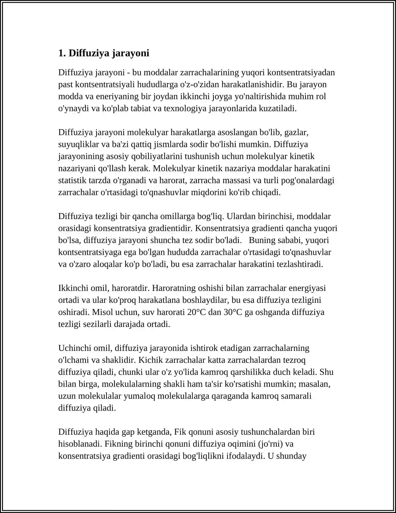 KOʻCHISH HODISALARI. DIFFUZIYA, ISSIQLIK OʻTKAZUVCHANLIK VA QOVUSHQOQLIK 3