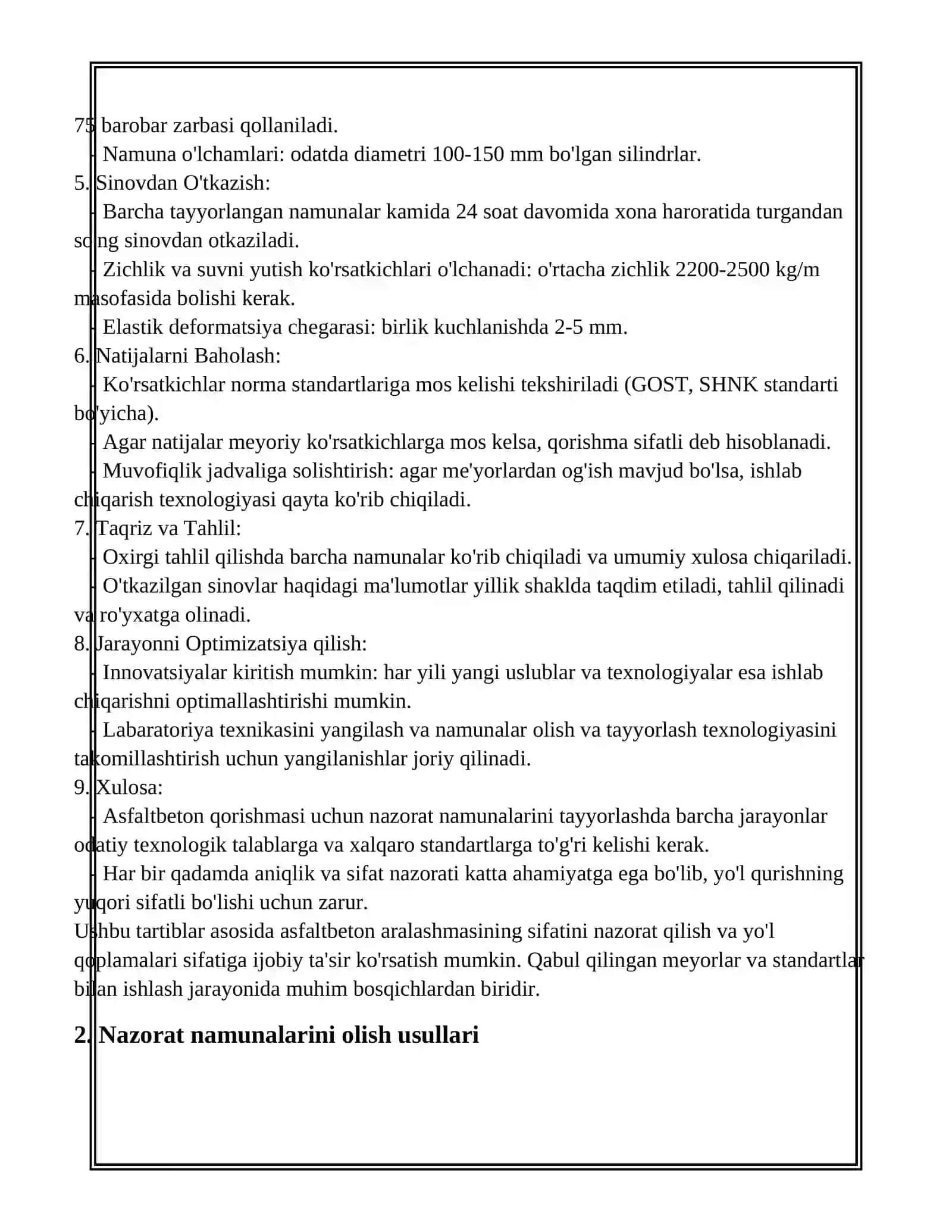 ASFALTBETON QORISHMASIDAN NAZORAT NAMUNALARINI TAYYORLASHDA ISHLATILADIGON ME’YORIY HUJJATLARNI O‘RGANISH 3