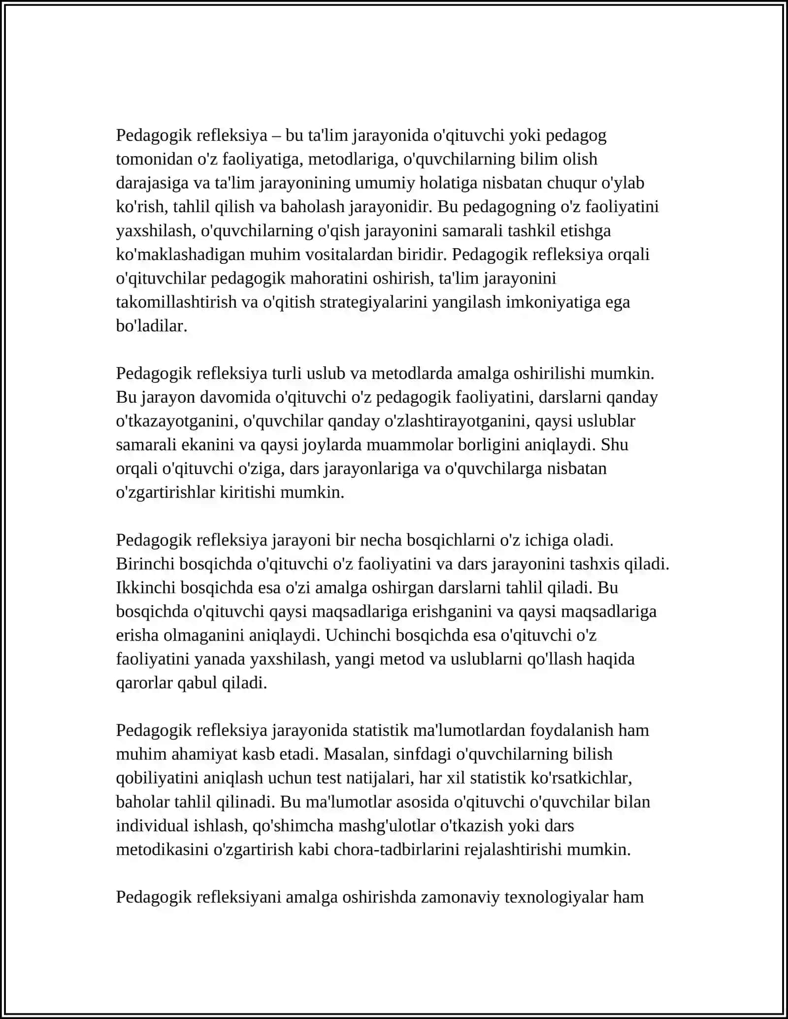 O'QITUVCHINING KASBIY PEDAGOGIK REFLEKSIYA ASOSIDA O'Z PEDAGOGI MAHORATI IMKONIYATLARINI TAKOMILLASHTIRISH 3