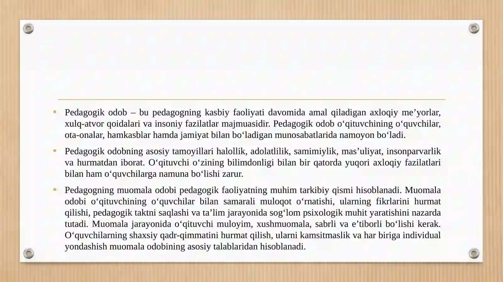 PEDAGOGIK ODOB. PEDAGOGNING MUOMALA ODOBI. PEDAGOGIK TEXNIKA. NUTQ TEXNIKASI VA MADANIYATI. 3