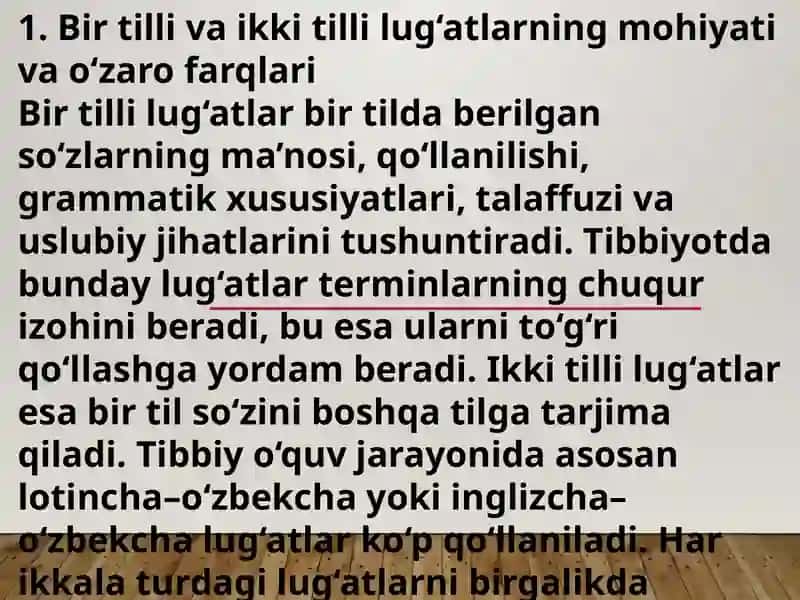 BIR TILLI VA IKKI TILLI LUGʻATLAR BILAN ISHLASH;  OʻZBEKISTONDAGI TIBBIY SOHA OLIMLARINING ASARLARI BILAN TANISHISH 3