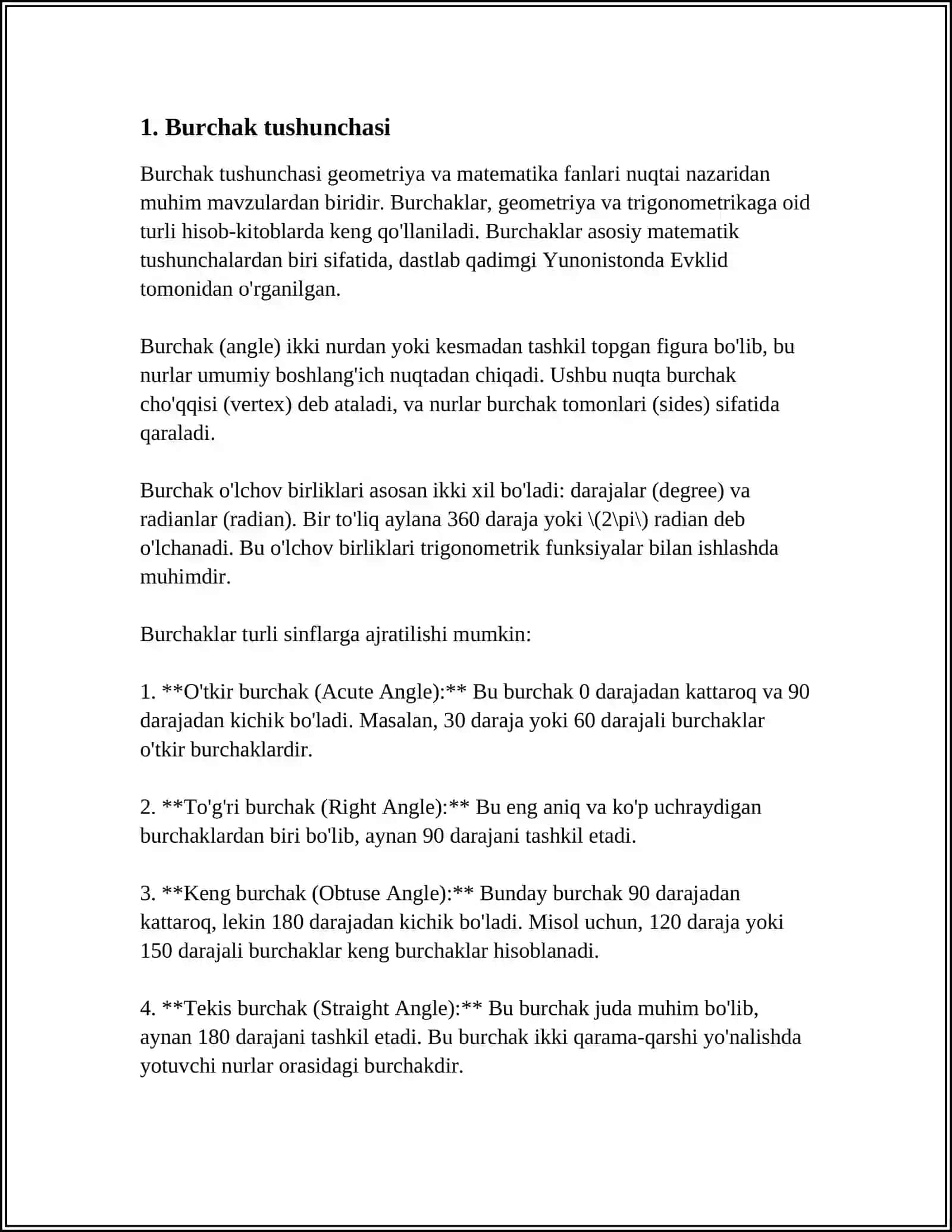 BURCHAK TURLARI, YOYIQ BURCHAK. BURCHAK GRADUSI 3