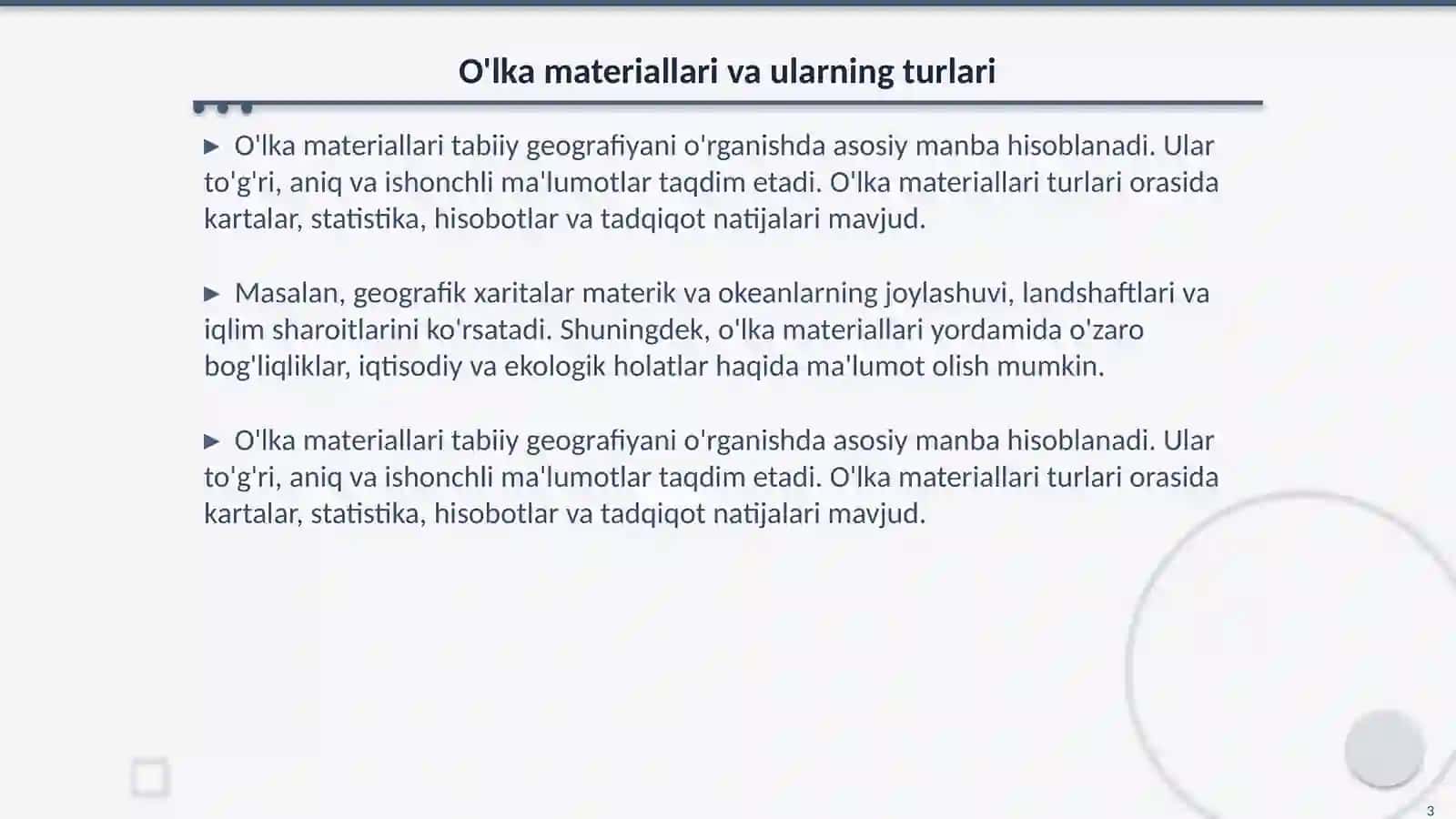 Materik va okeanlar tabiiy geografiyasini oʻrganishda oʻlka materiallaridan foydalanish 3