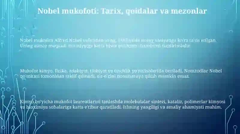 Kimyo sohasidagi Nobel mukofoti sovrindorlari va yutuqlari 3