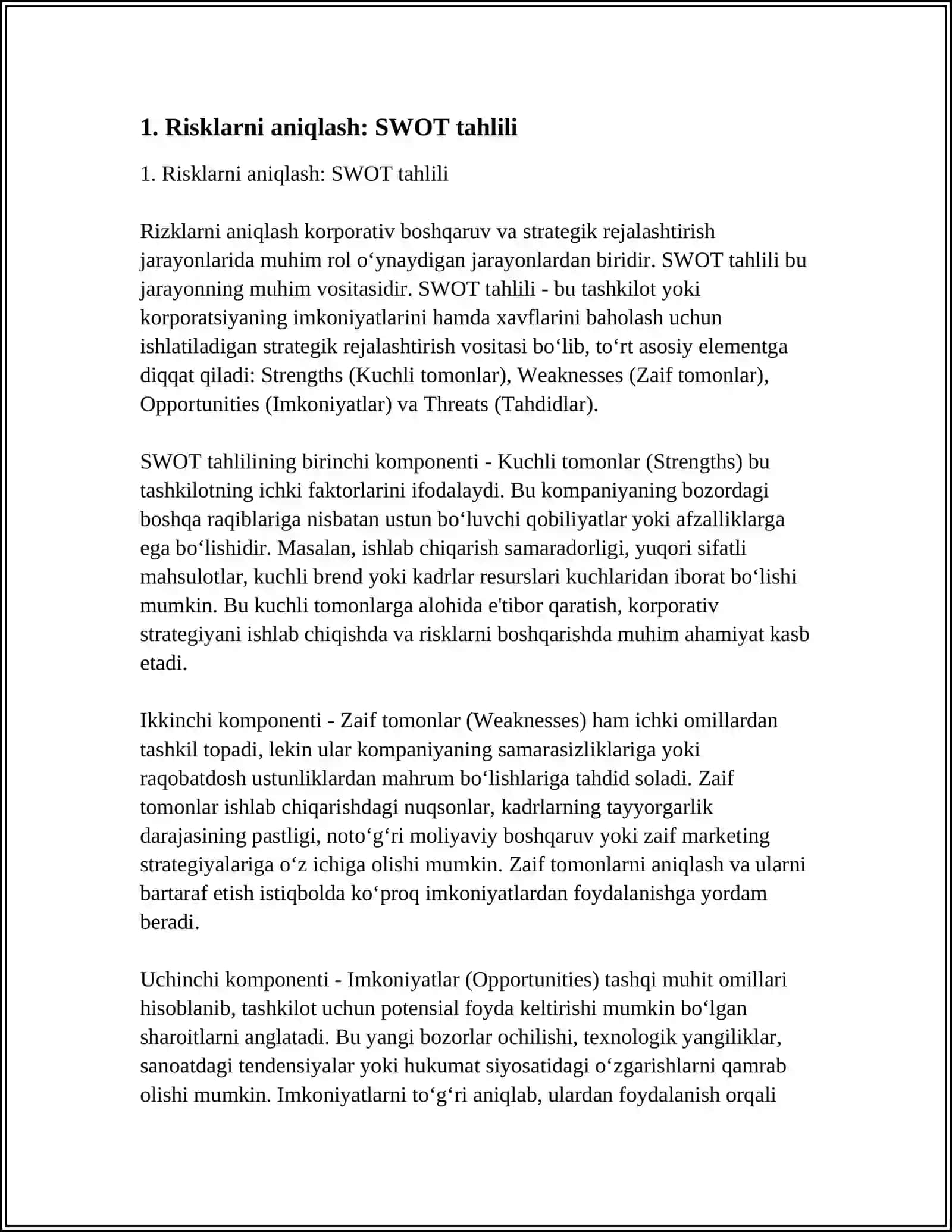 Risklarni Aniqlash, Baholash va Nazorat Qilish Usullari 3